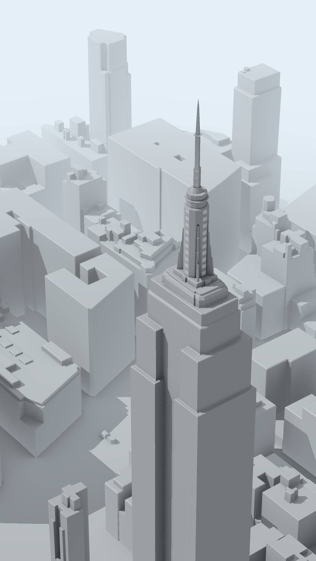 單色3D渲染城市景觀，包含一座高聳的摩天大樓及周圍建築。 — 3D 壁紙