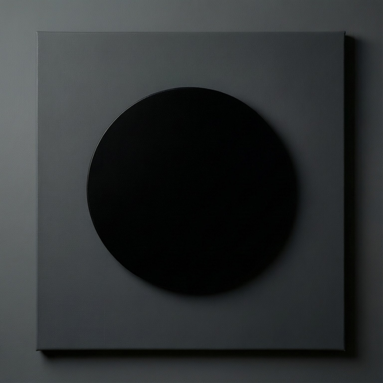 Circle of Stillness 壁紙 — 一幅極簡抽象藝術作品，在方形灰色畫布中央有一個霧面黑色圓圈，掛在柔和的灰色牆上。
