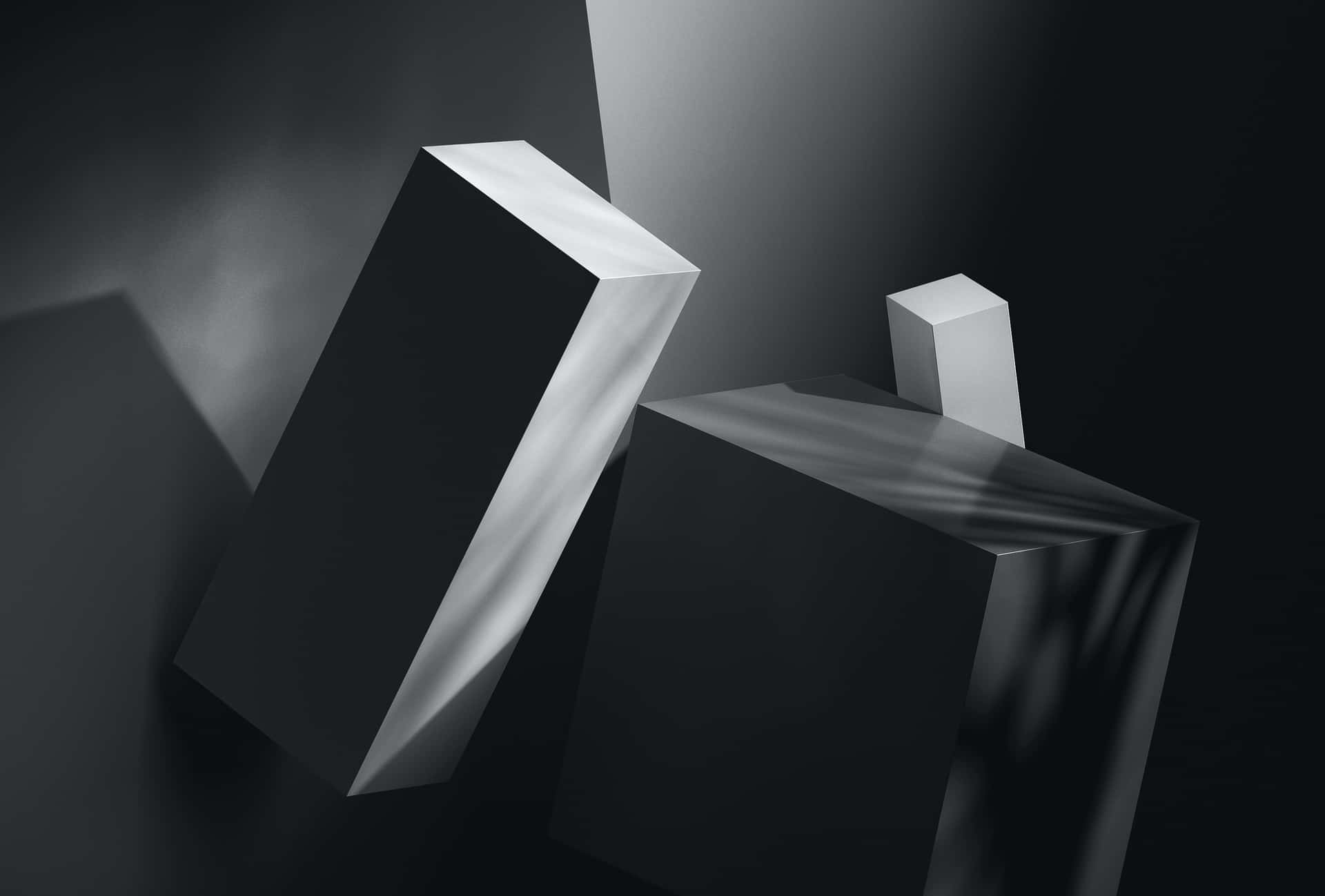 黑白抽象幾何形狀，帶有銳利陰影和攝影棚照明。 — 3D 壁紙