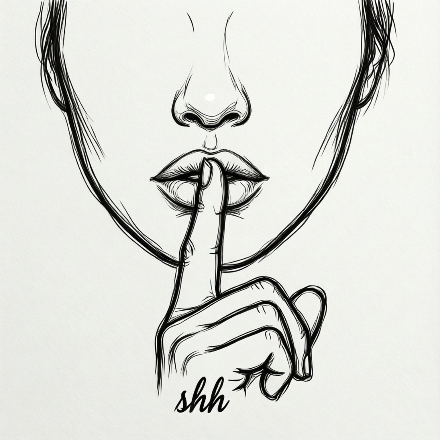 Line Art Hush 壁紙 — 一幅極簡黑白線條畫展示一個人的臉，手指按在嘴唇上示意安靜，下方寫有「shh」。
