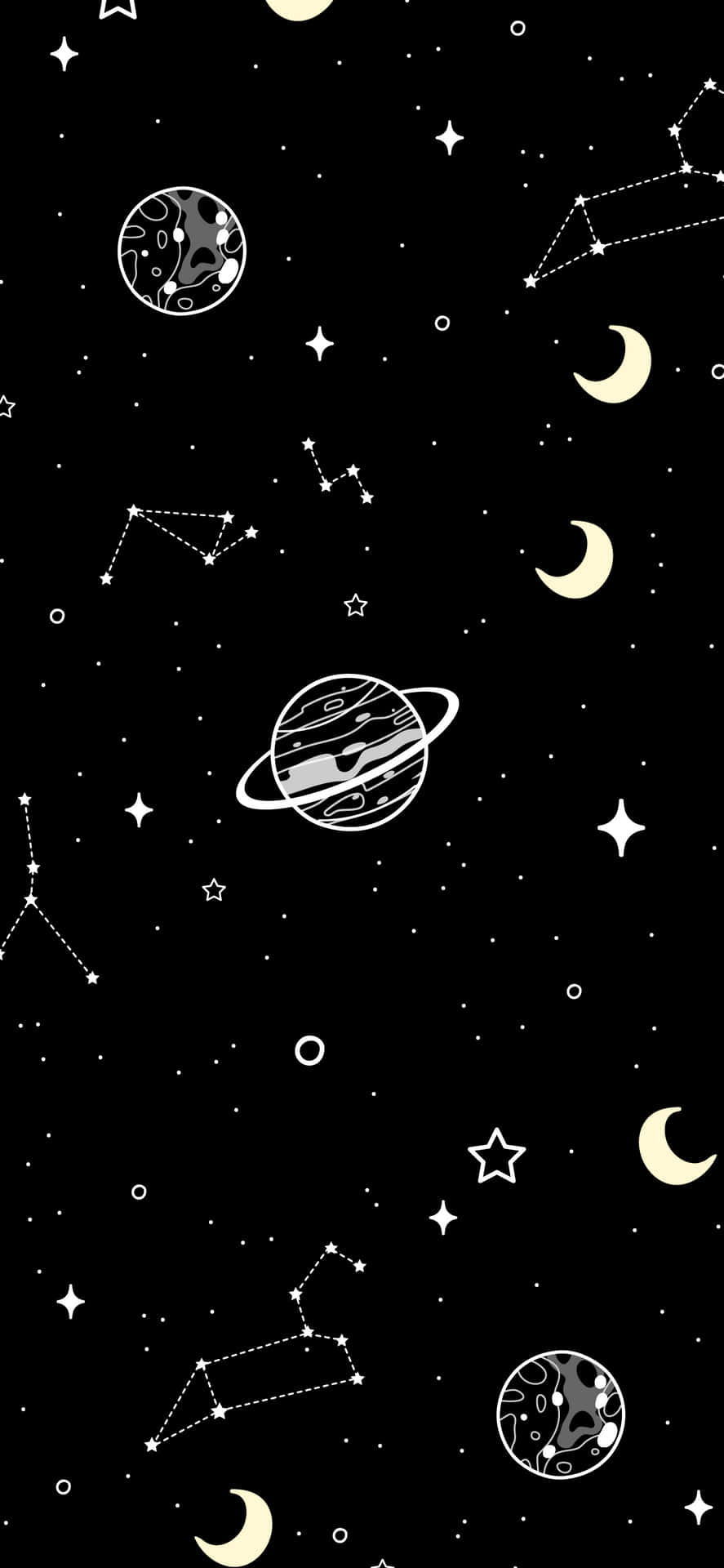 黑色背景上的天體圖案，包含星星、月亮和行星 — Amoled 壁紙