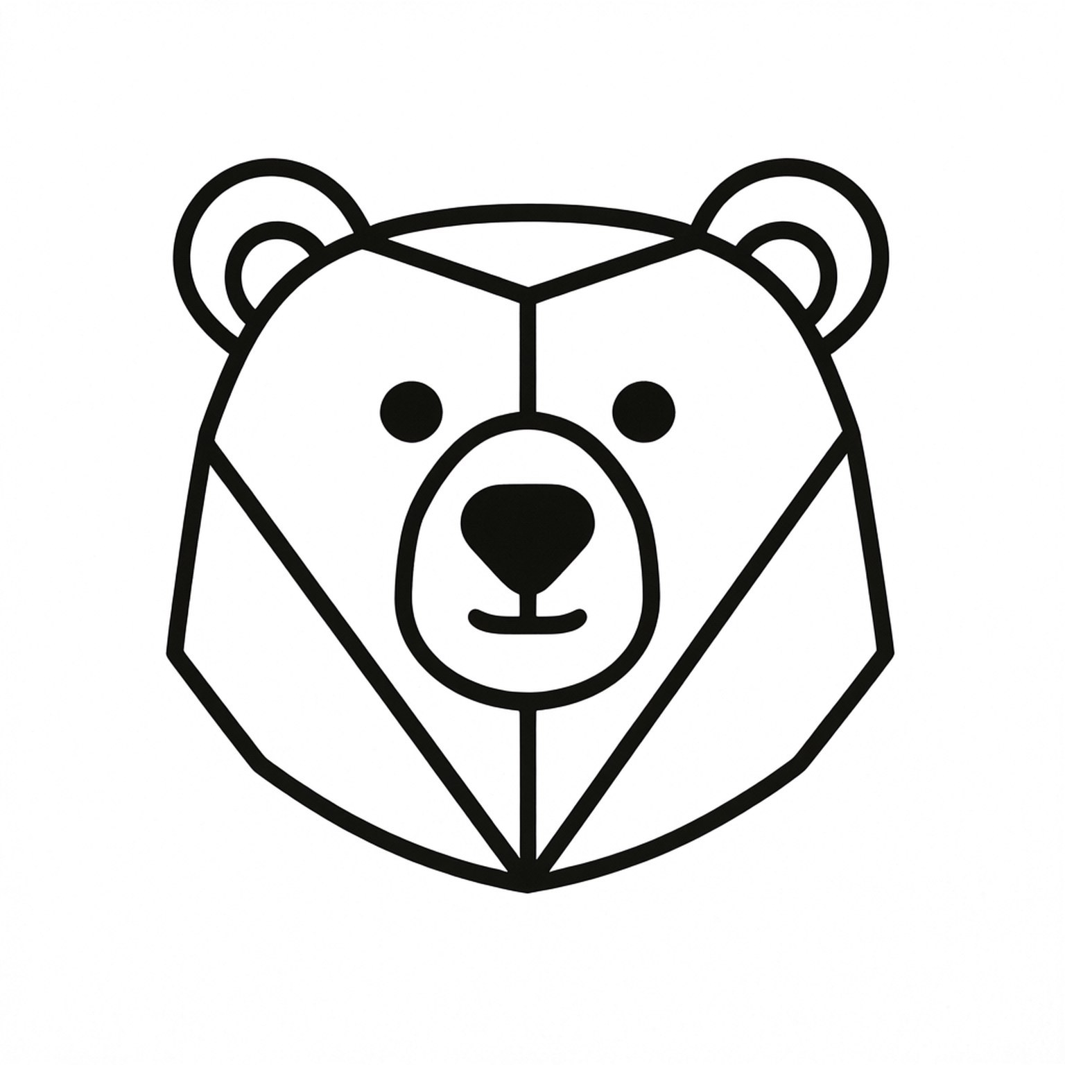 Line Art Bear 壁紙 — 白色背景上帶有幾何形狀和簡單面部特徵的熊頭極簡黑色線條畫。