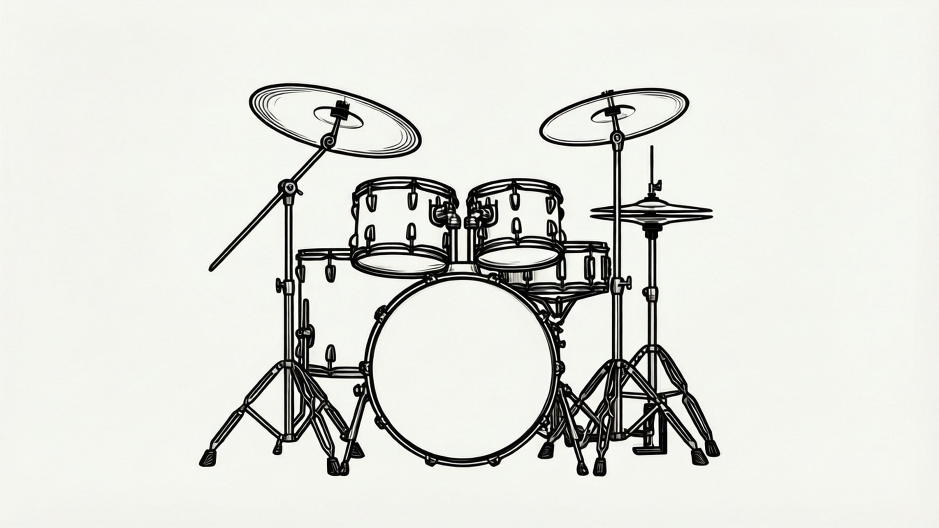 Drum Kit 桌布 壁紙 — 在淺色背景上，一個極簡風格的黑色線條繪製的完整鼓組。