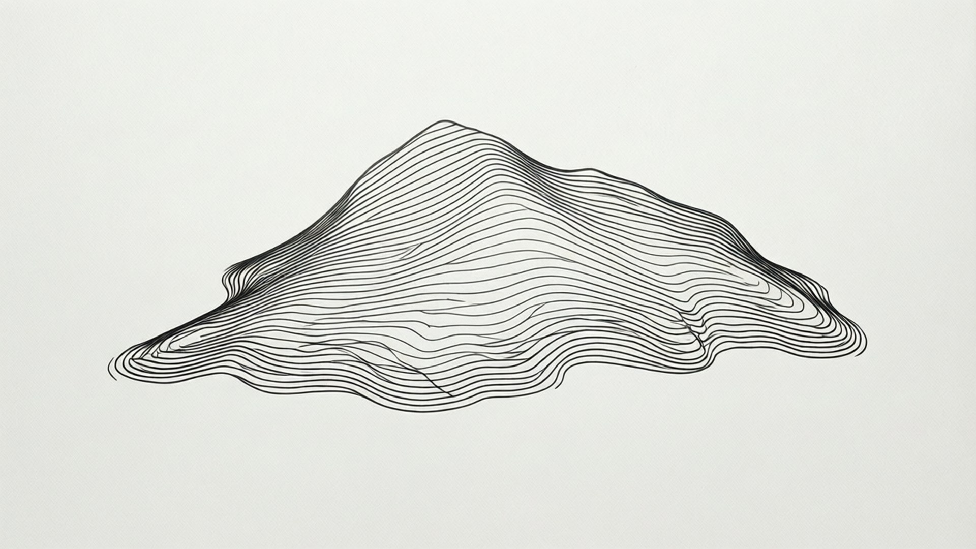 Line Art Island 壁紙 — 在淺灰色背景上，以流動的輪廓線繪製的風格化山脈的極簡黑色線條畫。