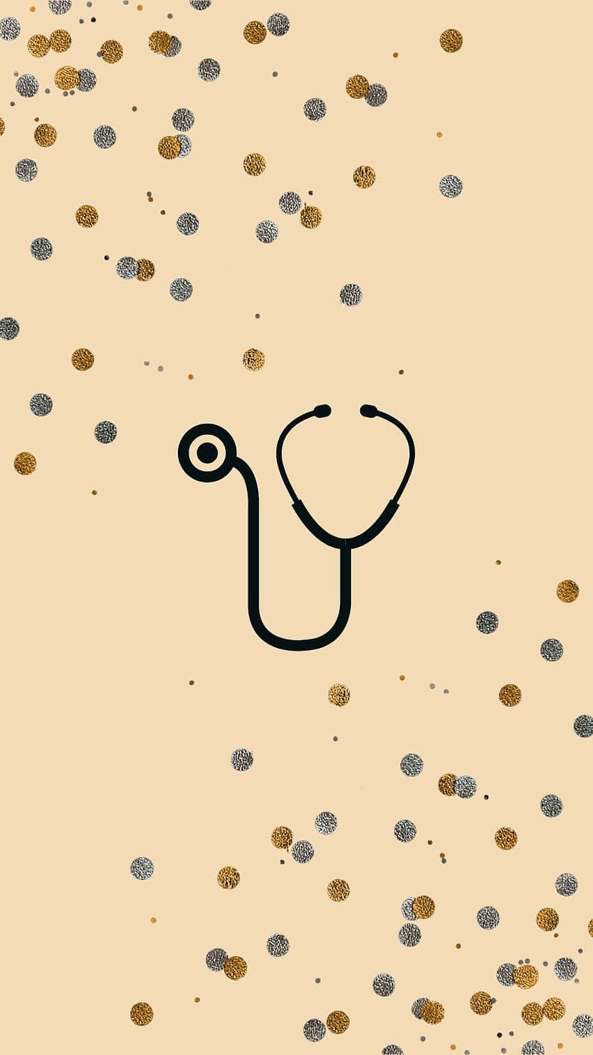 Nurse Aesthetic 桌布 壁紙 — 一個極簡風格的黑色聽診器圖示漂浮在米色背景上散落的金色和銀色亮粉之間。