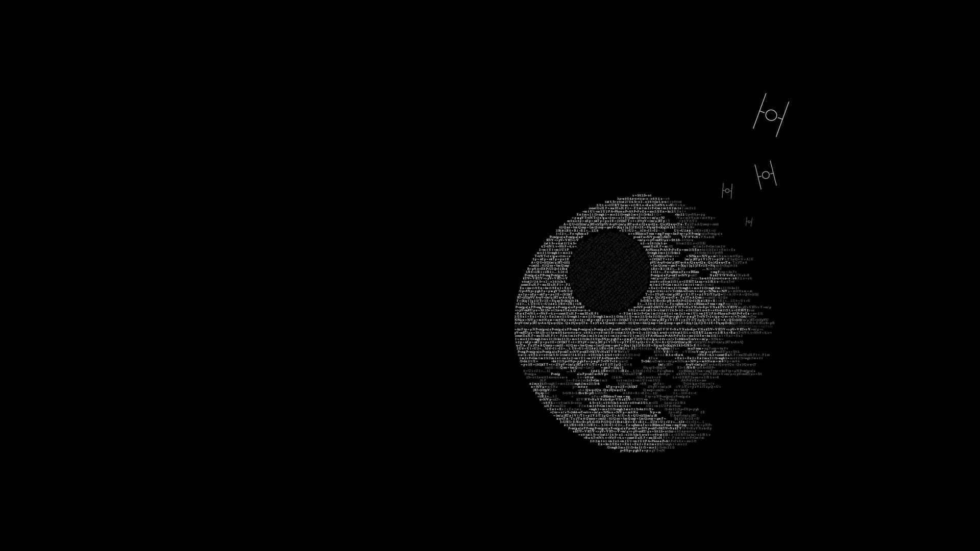  壁紙 — 一個極簡的黑白死星輪廓，由密集文字在深色背景上形成，並帶有漂浮符號。