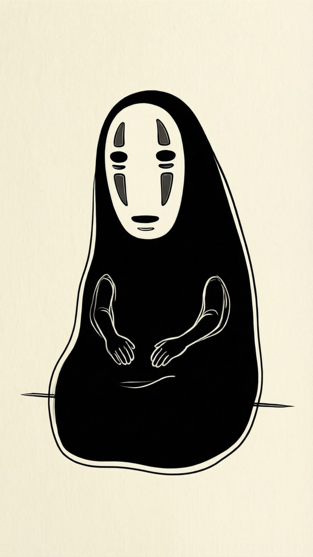 No Face Serenity 壁紙 — 一幅極簡黑白插圖，描繪《神隱少女》中的無臉男角色站在奶油色背景前。
