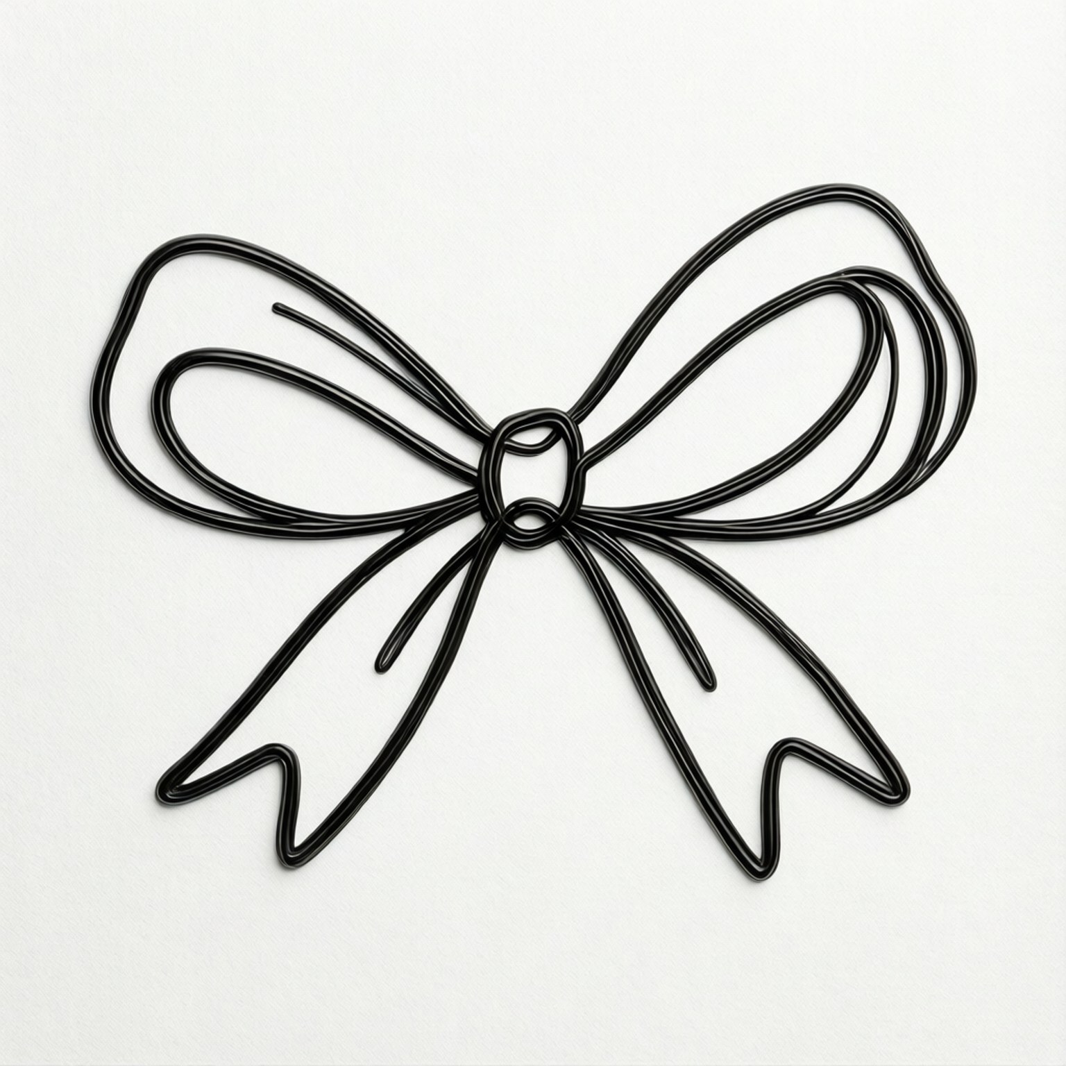 Hair Bow 桌布 壁紙 — 在純白背景上，一個極簡風格的黑色金屬絲蝴蝶結，帶有優雅的環圈和尾部。