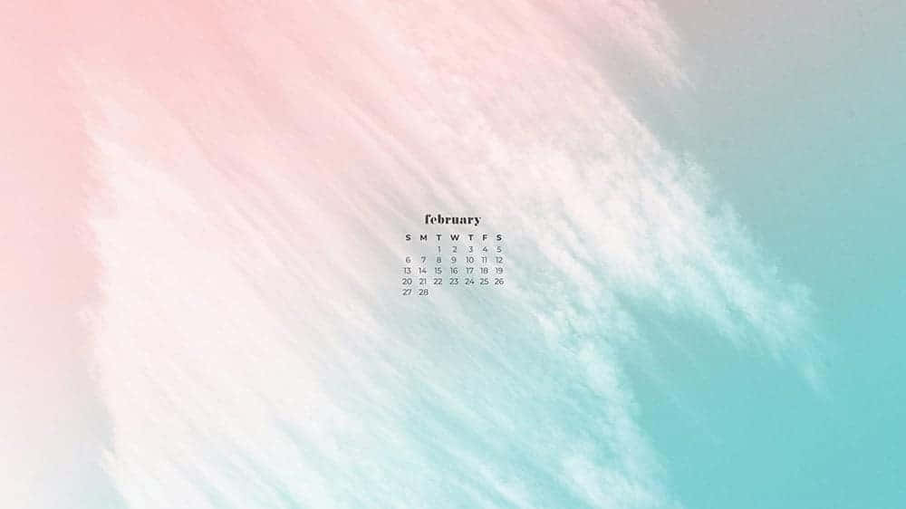  壁紙 — 一個極簡風格的二月日曆漂浮在粉紅與青綠色的柔和漸變背景上，帶有輕柔的筆觸紋理。