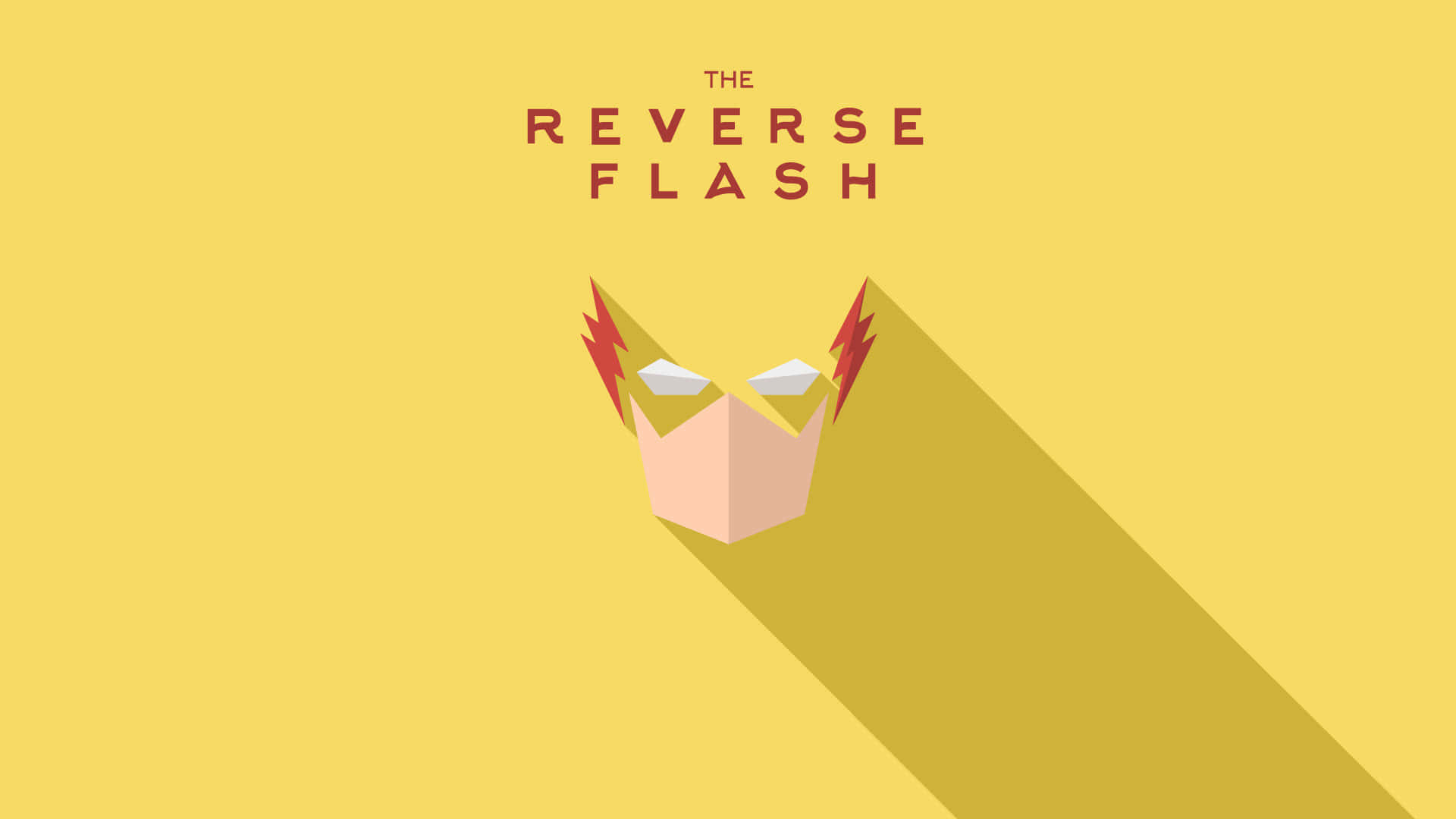  壁紙 — 黃色背景上帶有紅色閃電的Reverse Flash面具的極簡平面設計。