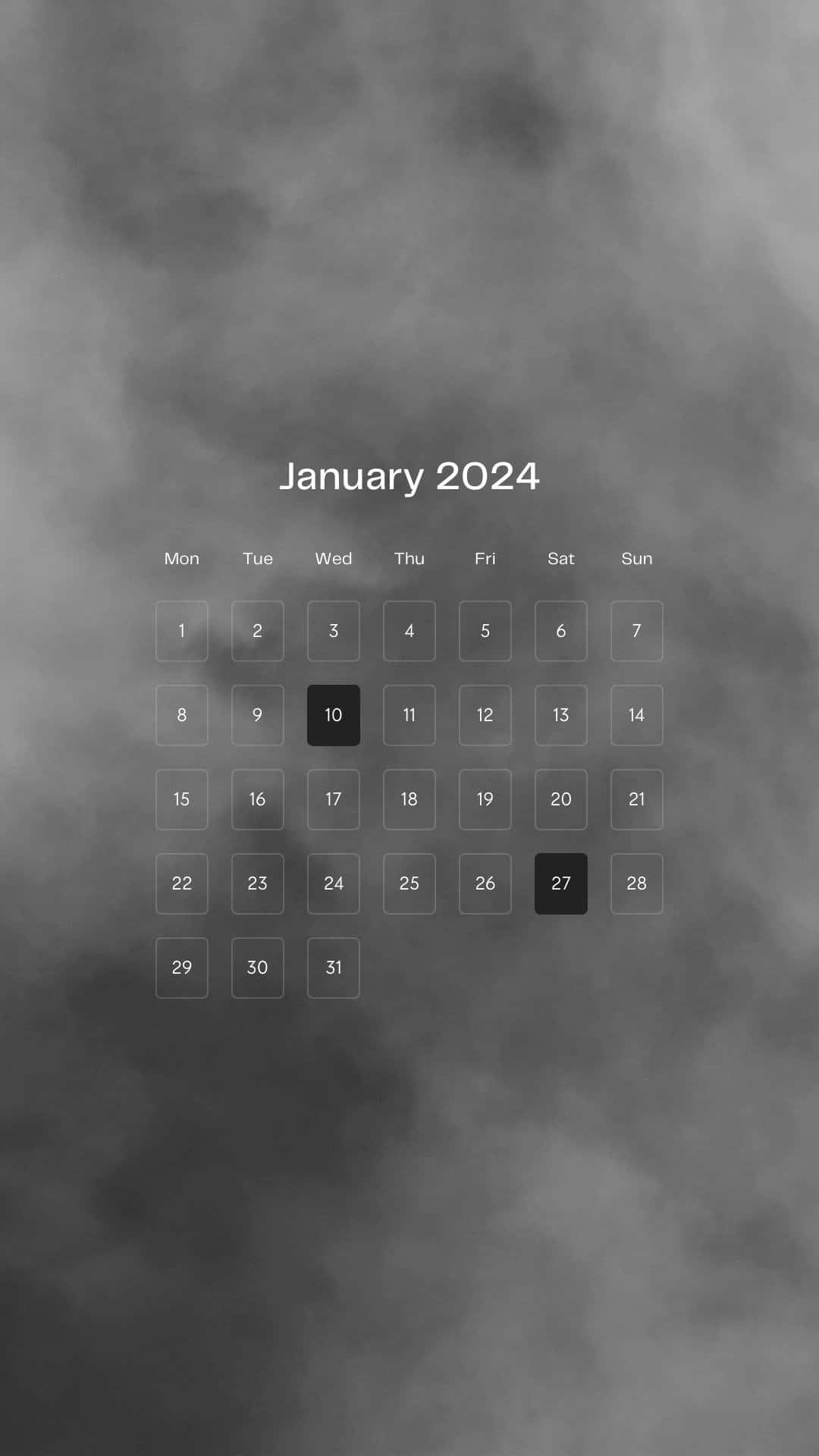  壁紙 — 2024年1月的極簡灰階日曆，漂浮在帶有紋理的煙霧背景上，日期被突出顯示。