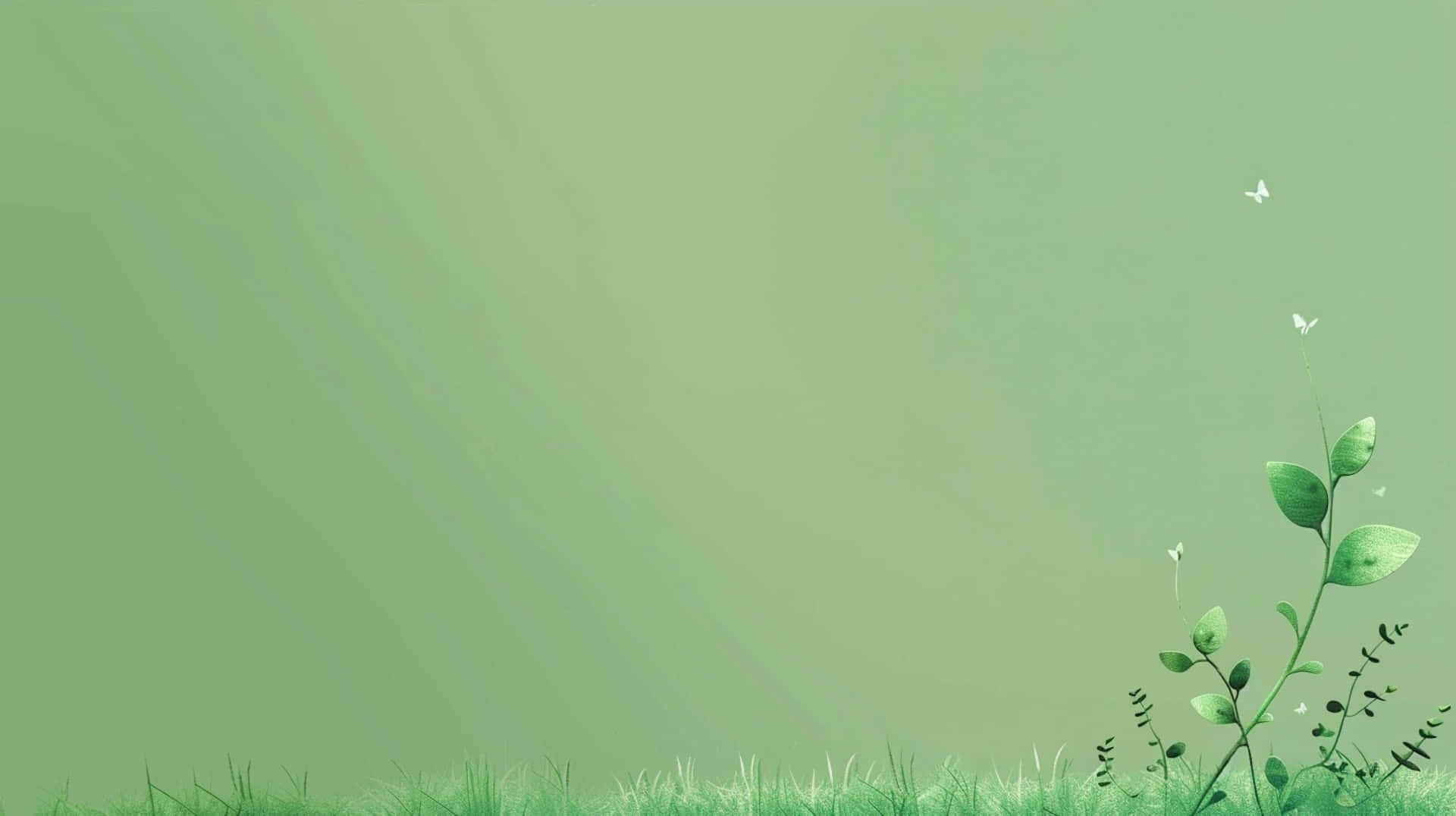 壁紙 — 簡約綠色漸變背景，角落有細嫩發芽的植物和翩翩飛舞的白色蝴蝶。