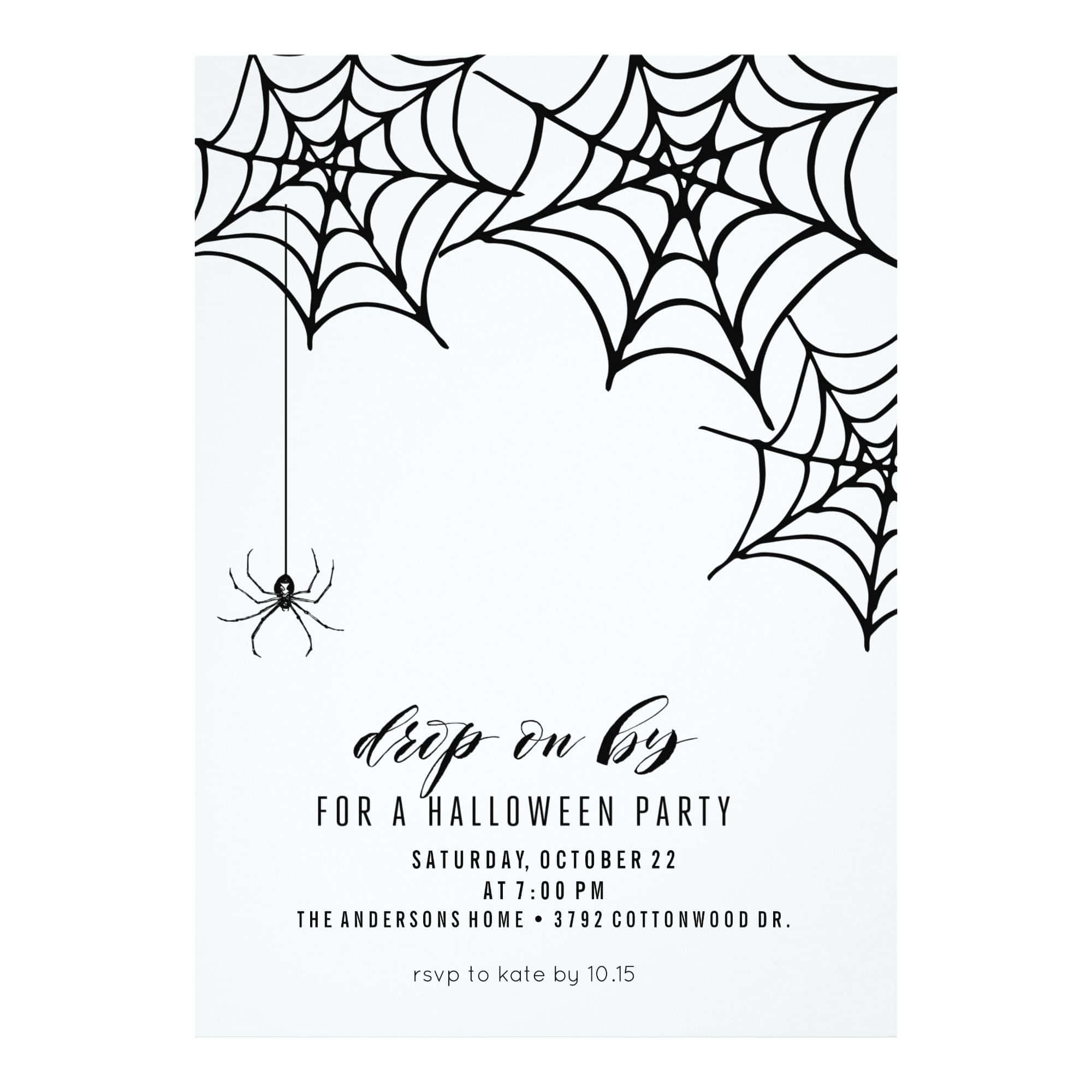 Halloween Invitations 桌布 壁紙 — 一張極簡風格的萬聖節派對邀請函，黑色蜘蛛網和蜘蛛在白色背景上。