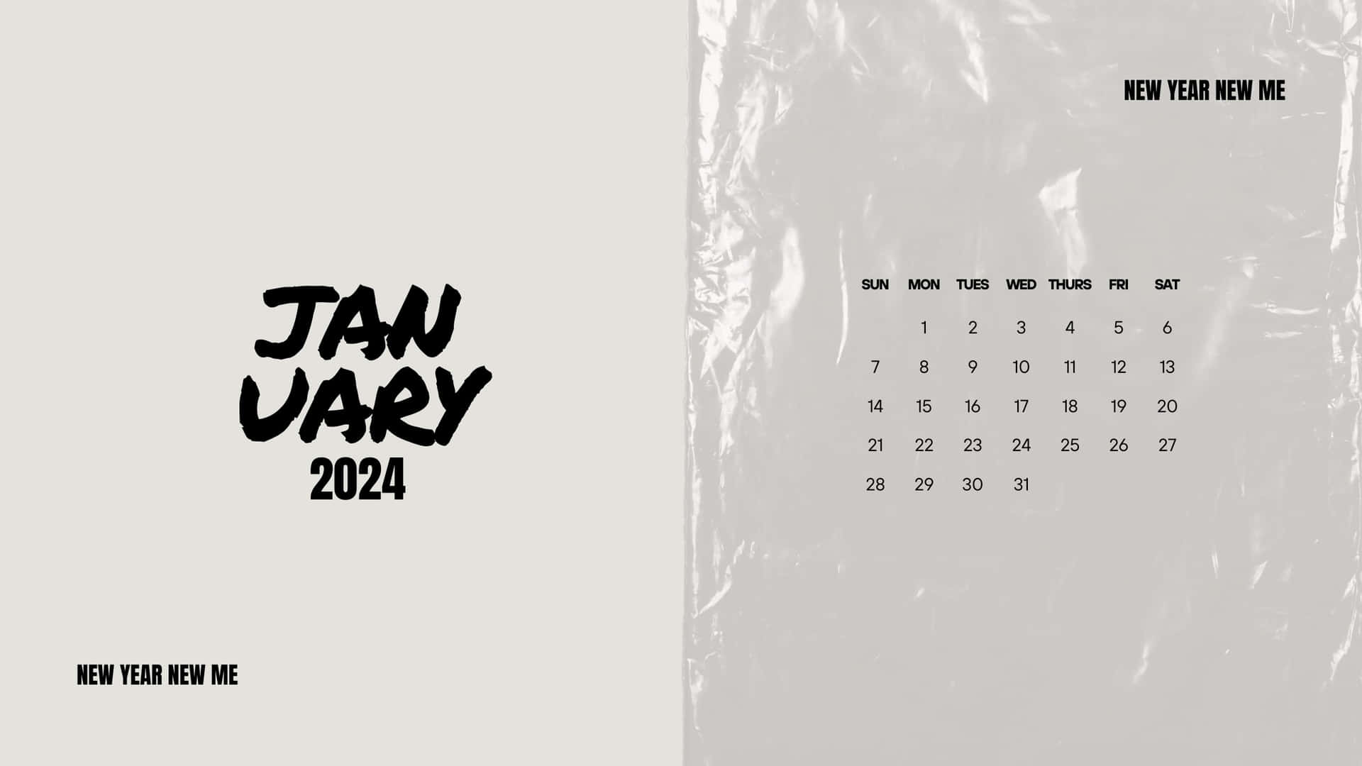  壁紙 — 2024年1月簡約日曆，採用粗體黑色字體，背景為皺紋銀箔。