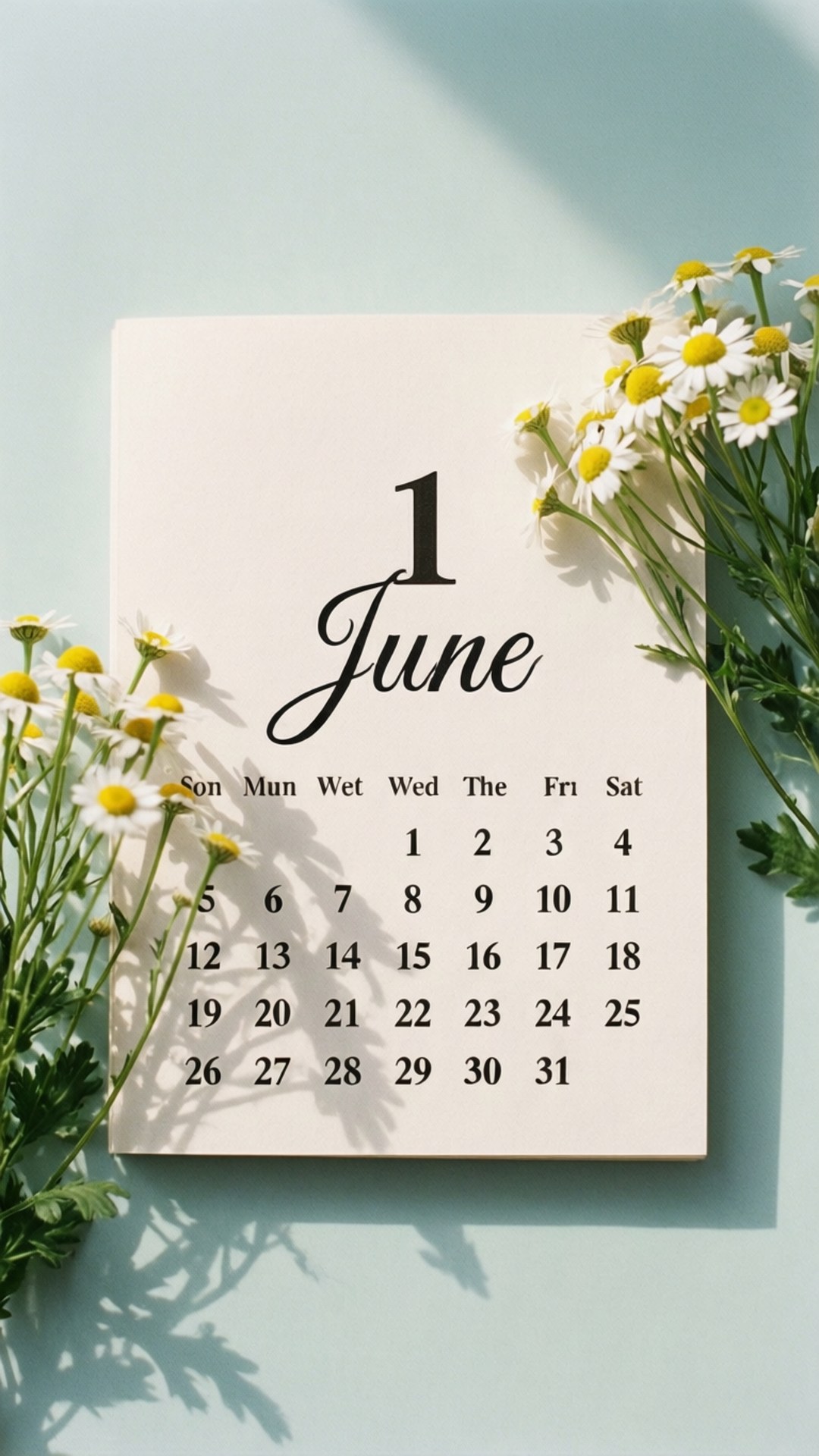 June 桌布 壁紙 — 一個極簡風格的六月日曆，由新鮮雛菊環繞，在粉藍色牆上投下柔和陰影。