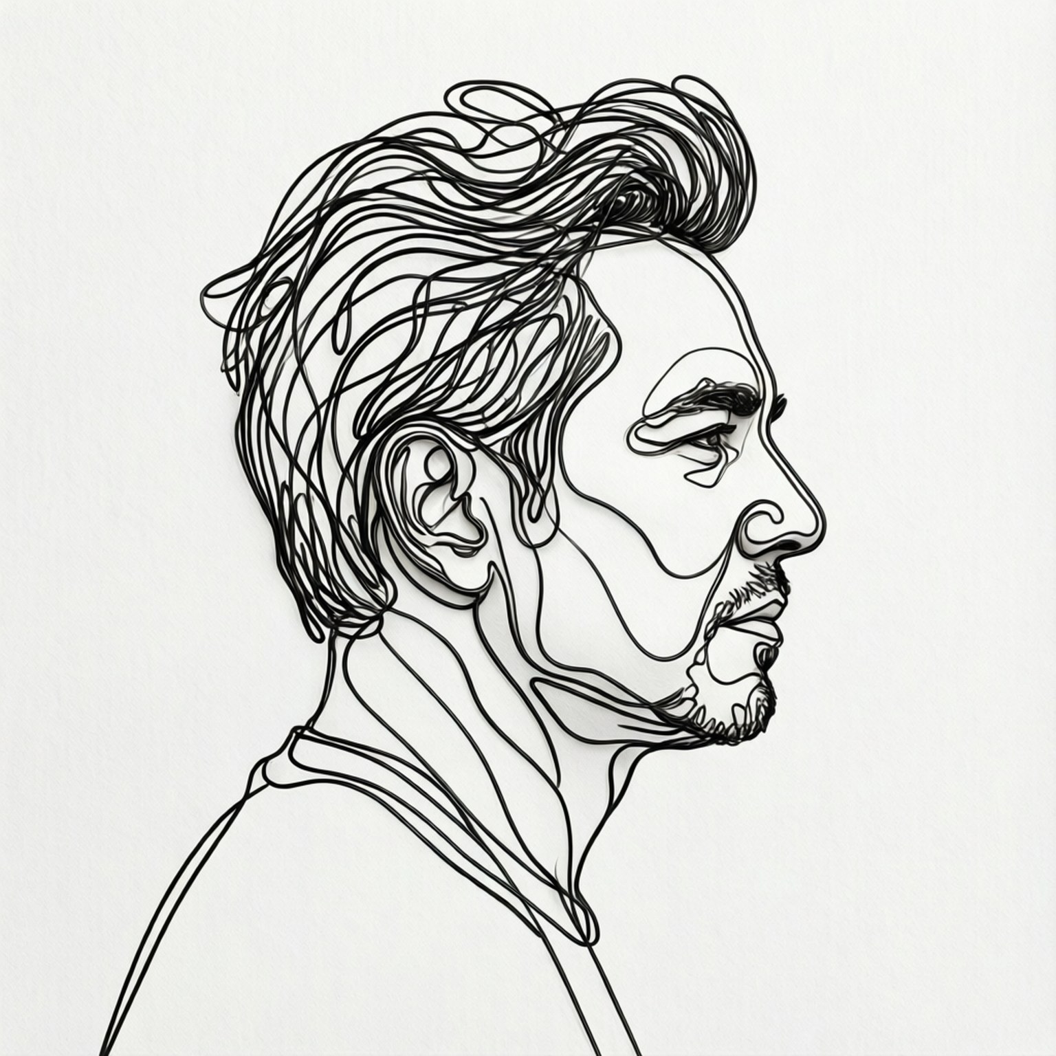提雅斯多 桌布 壁紙 — 一個極簡線條藝術肖像，描繪一位側面男子，帶有複雜的漩渦狀頭髮和清晰的面部特徵，背景為純色。