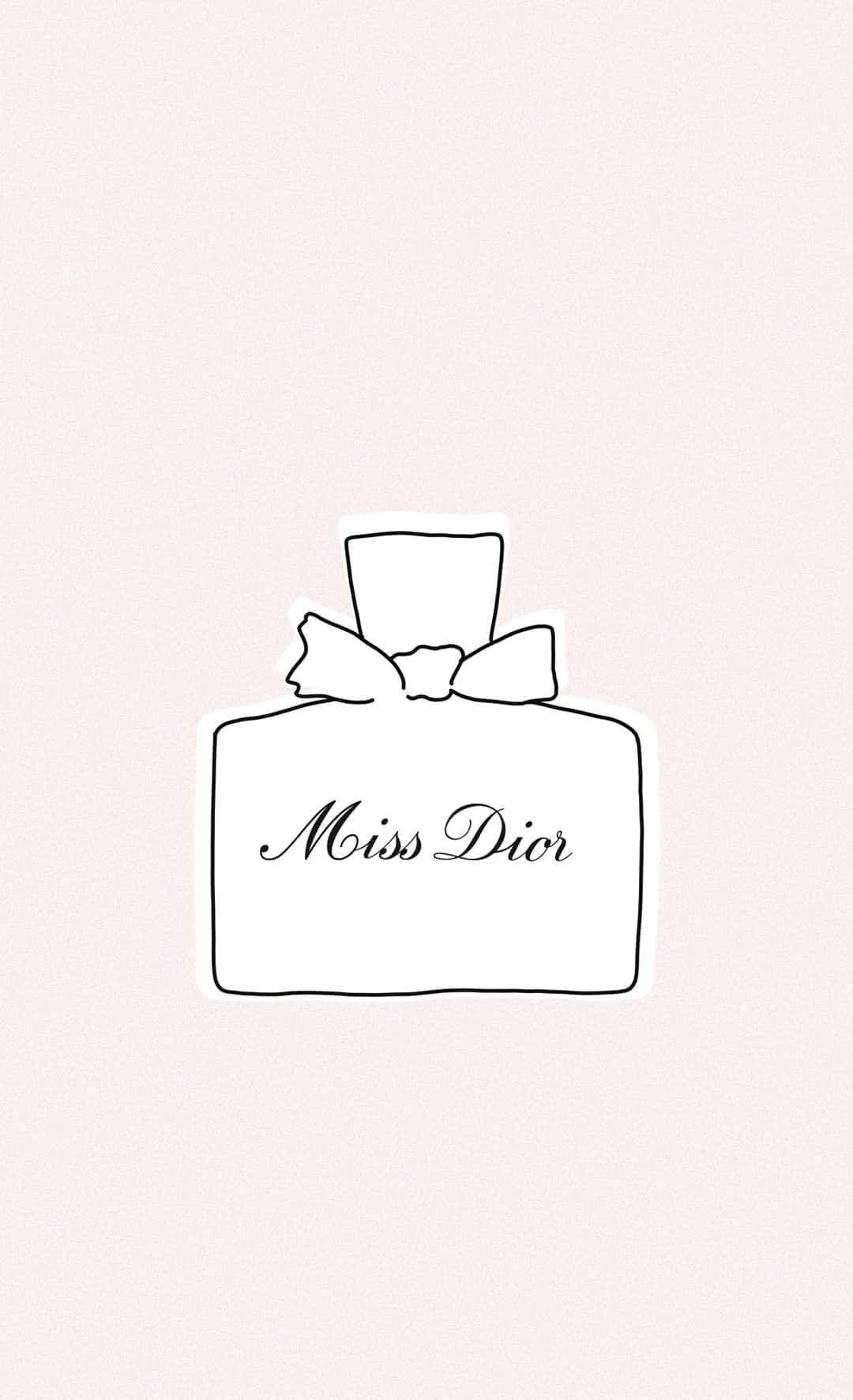  壁紙 — 在柔和粉紅色背景上，帶有蝴蝶結的 Miss Dior 香水瓶的極簡線條畫。