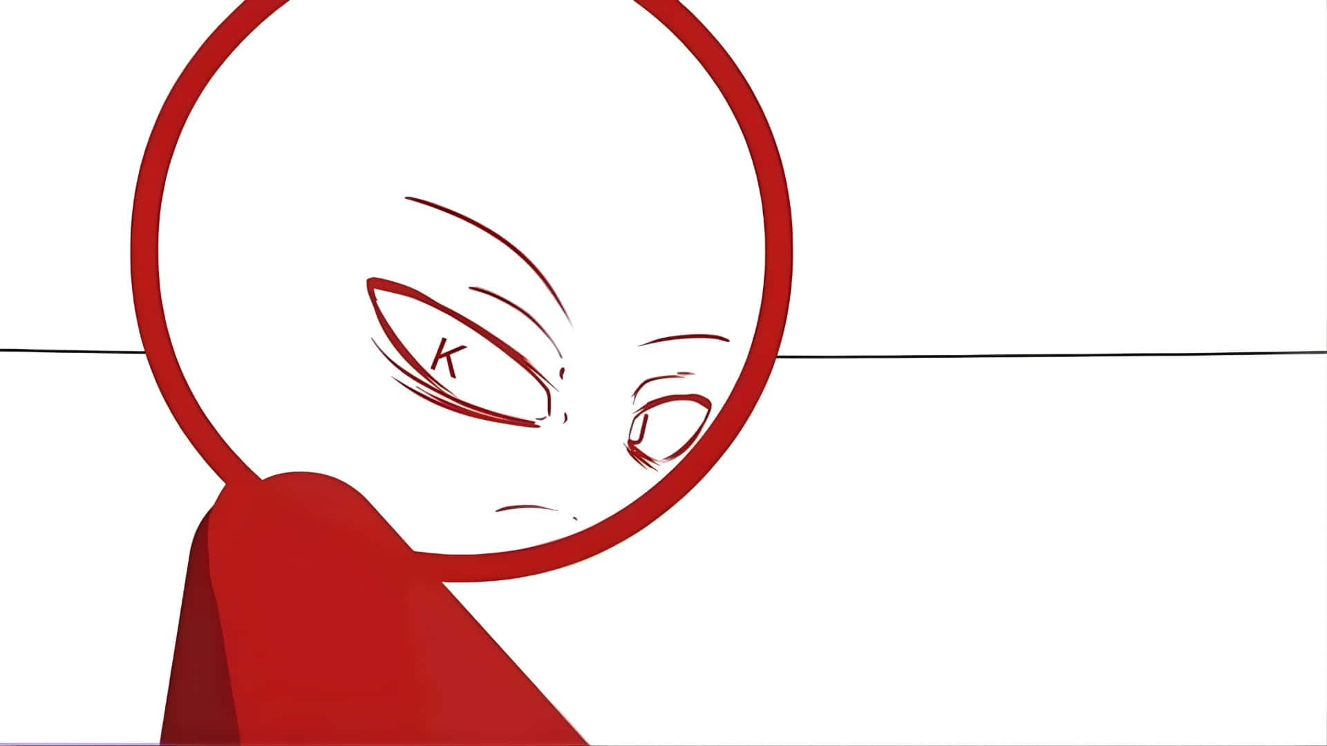  壁紙 — 一個極簡風格的紅色線條繪畫，描繪一個風格化的臉孔，其中一隻眼睛標有「K」，從水平線上方窺視。