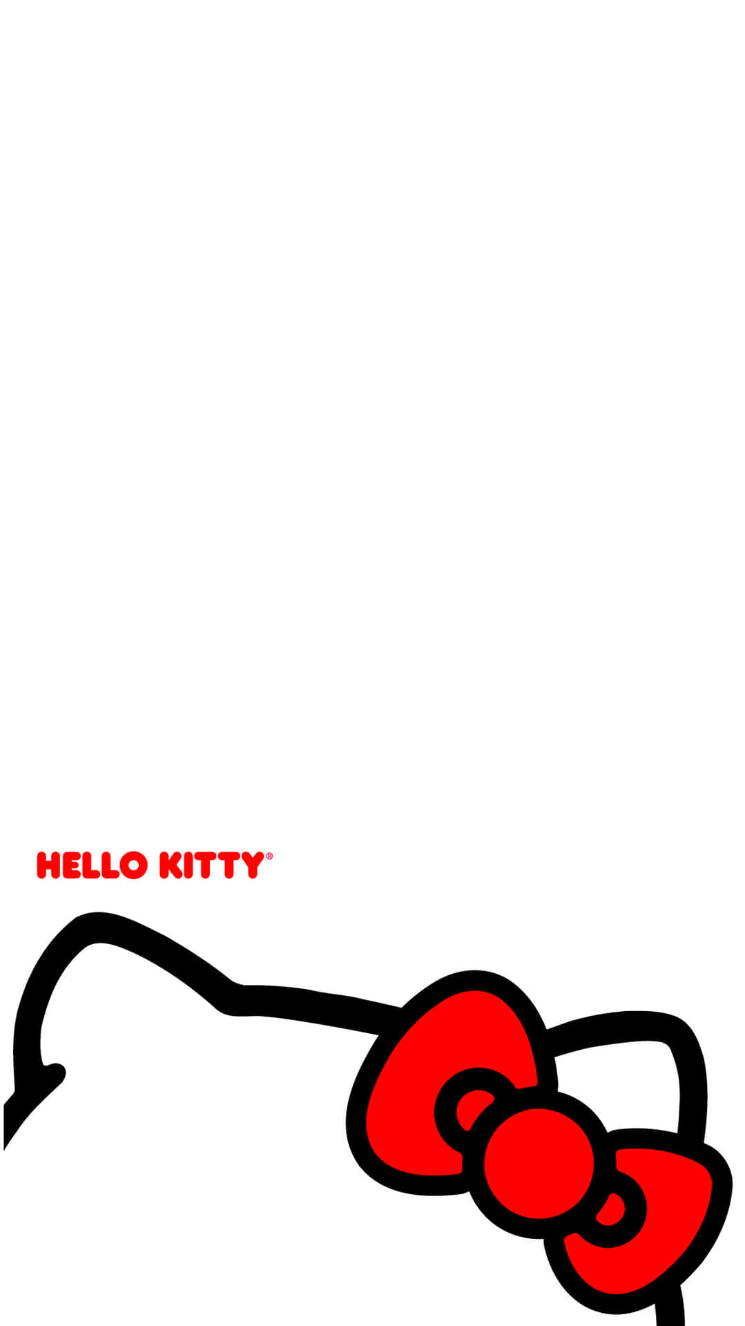  壁紙 — 簡約白色背景，底部有標誌性的Hello Kitty標誌，配有紅色蝴蝶結和黑色輪廓。
