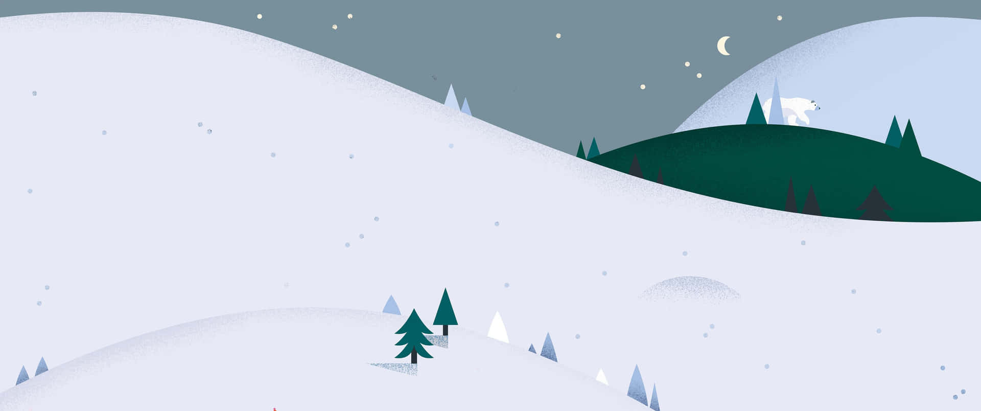 白雪覆蓋的山丘、常青樹和新月下遠方山丘上的北極熊。 — 3440X1440 壁紙