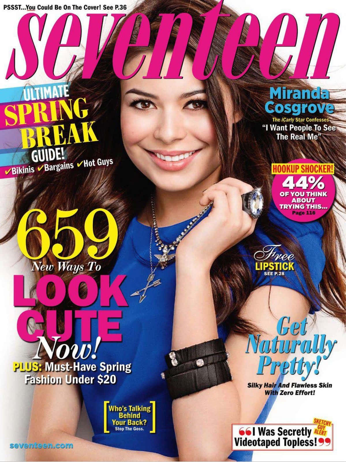 雜誌 桌布 壁紙 — Miranda Cosgrove 在 Seventeen 雜誌封面燦爛微笑，身穿藍色上衣，手戴手錶。