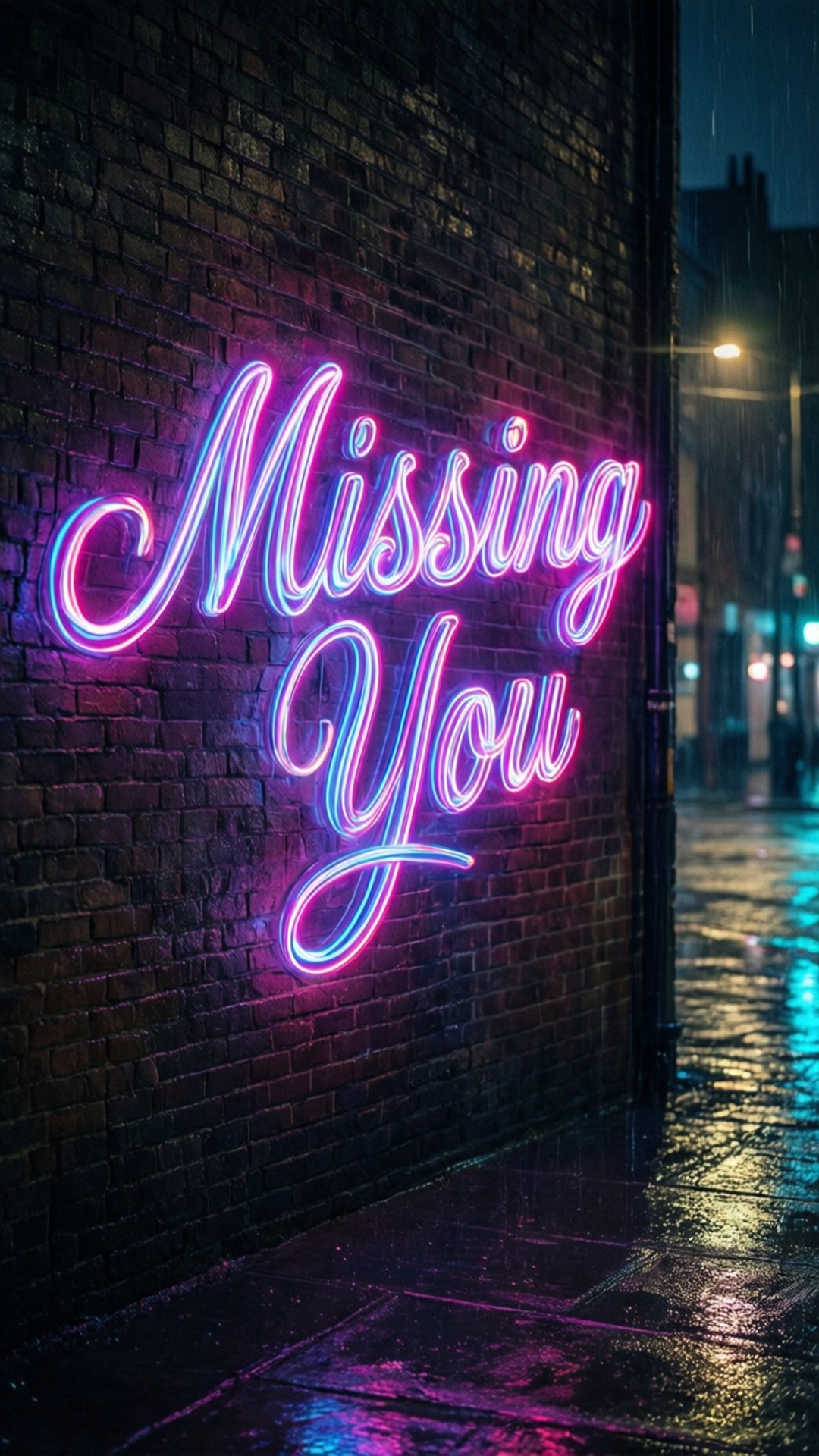 Neon Missing You Sign 壁紙 — 一個發光的粉紅色和藍色霓虹燈牌，上面寫著「Missing You」，照亮了雨夜城市街道上濕漉漉的磚牆。