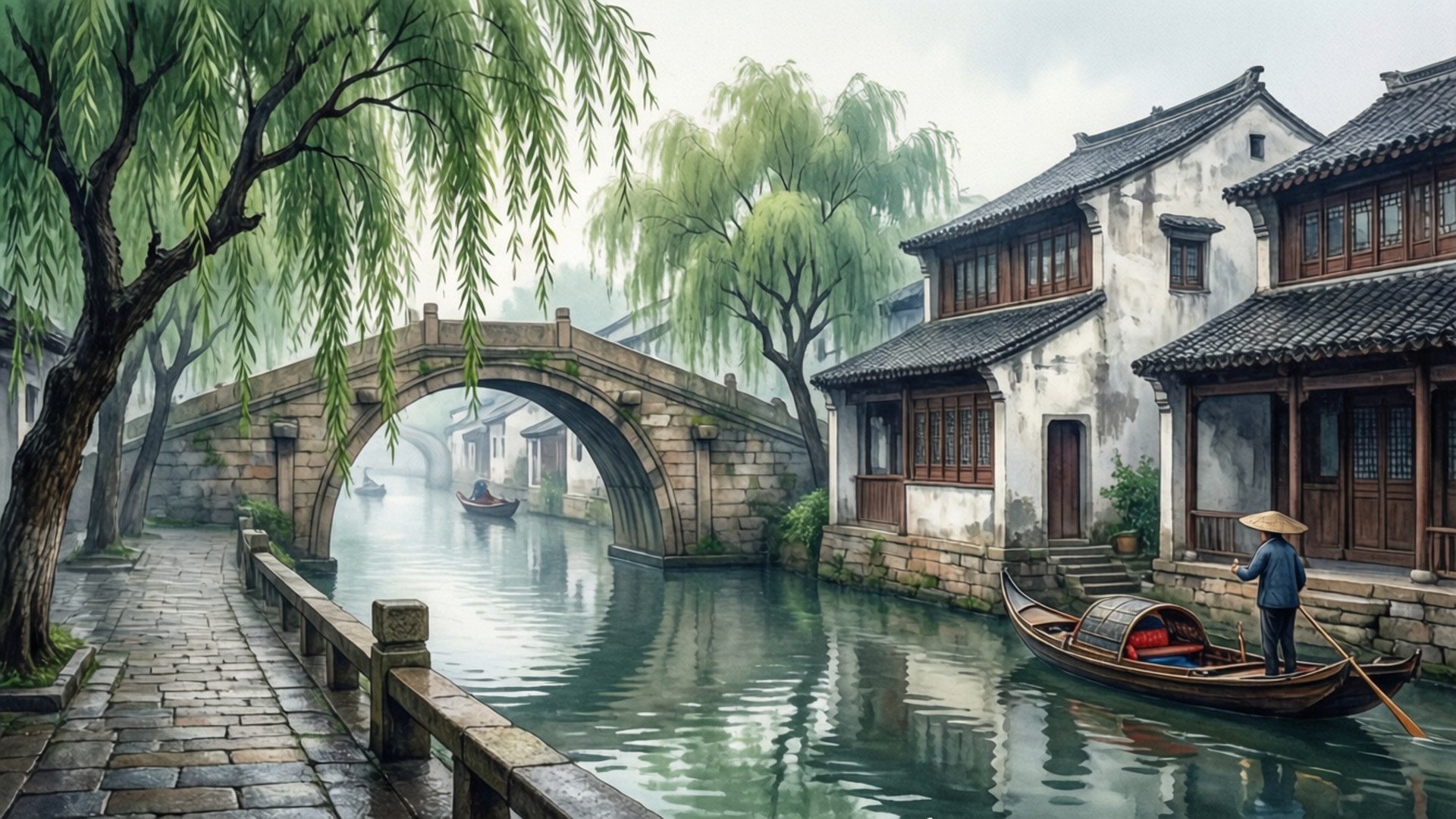 Water Town Mist 壁紙 — 霧氣瀰漫的運河場景，有一座石拱橋和傳統木屋，兩旁種滿垂柳，船夫划著小船。