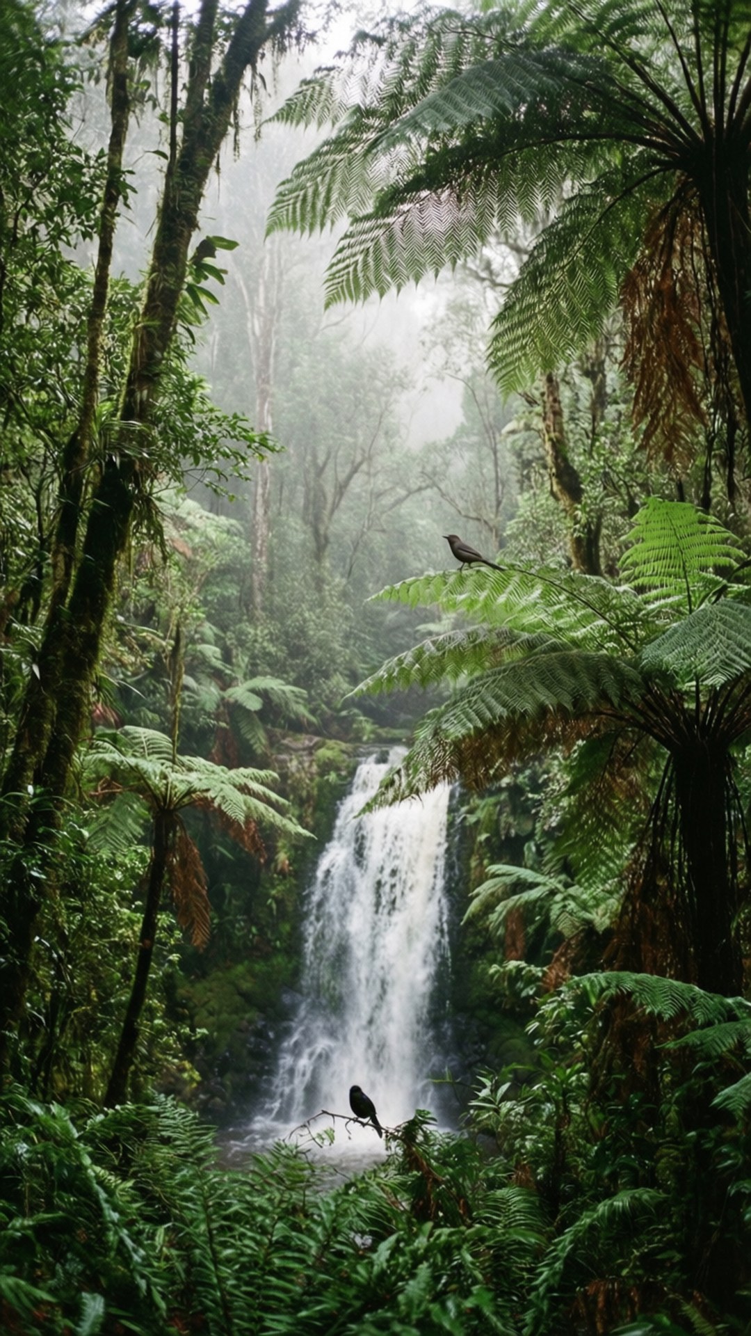 Dorrigo Rainforest Falls 壁紙 — 霧氣瀰漫的森林瀑布穿過高聳的蕨類植物和長滿苔蘚的樹木傾瀉而下，兩隻鳥兒棲息在樹葉上。