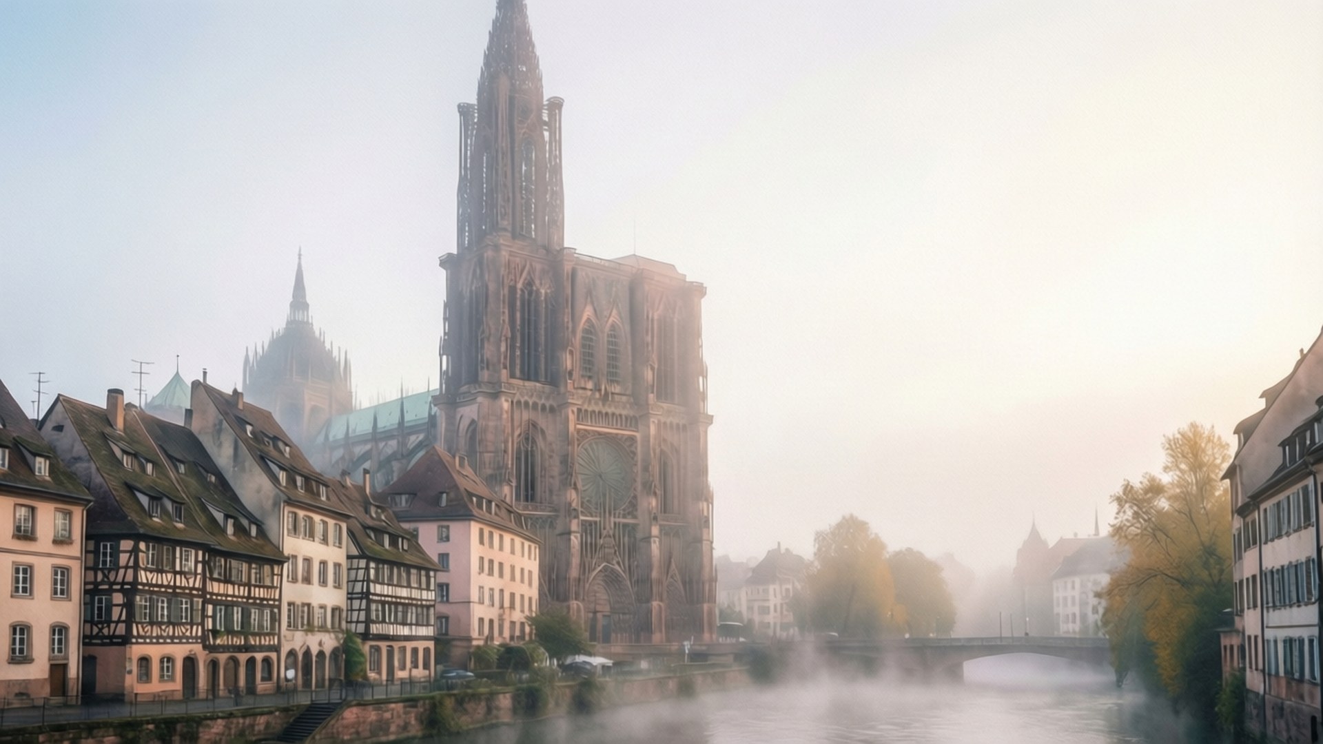 Foggy Cathedral Morning 壁紙 — 斯特拉斯堡霧氣瀰漫的早晨，聖母院大教堂聳立在霧濛濛的河邊半木結構房屋之上。