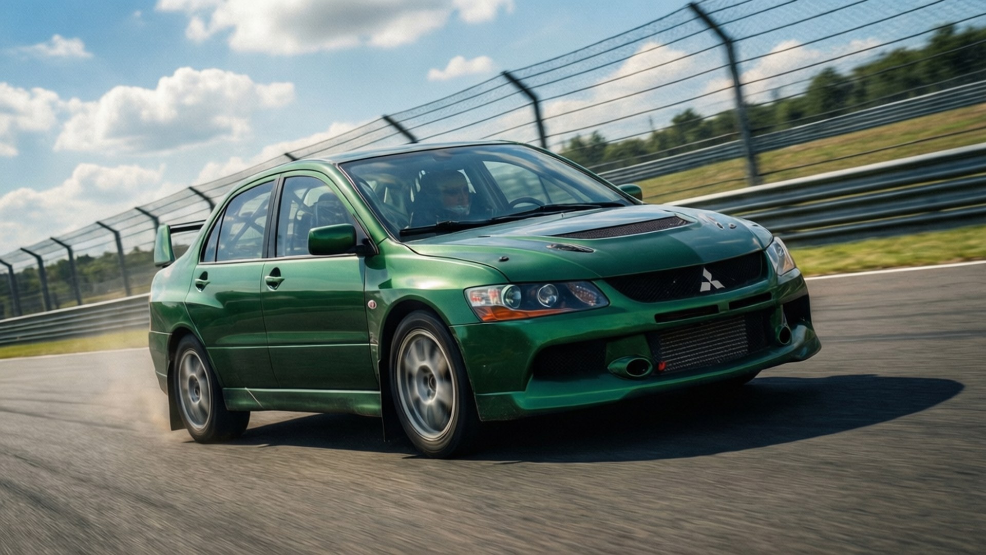 綠色三菱Lancer Evolution在晴朗天空下的賽道上疾馳。 — Jdm 壁紙