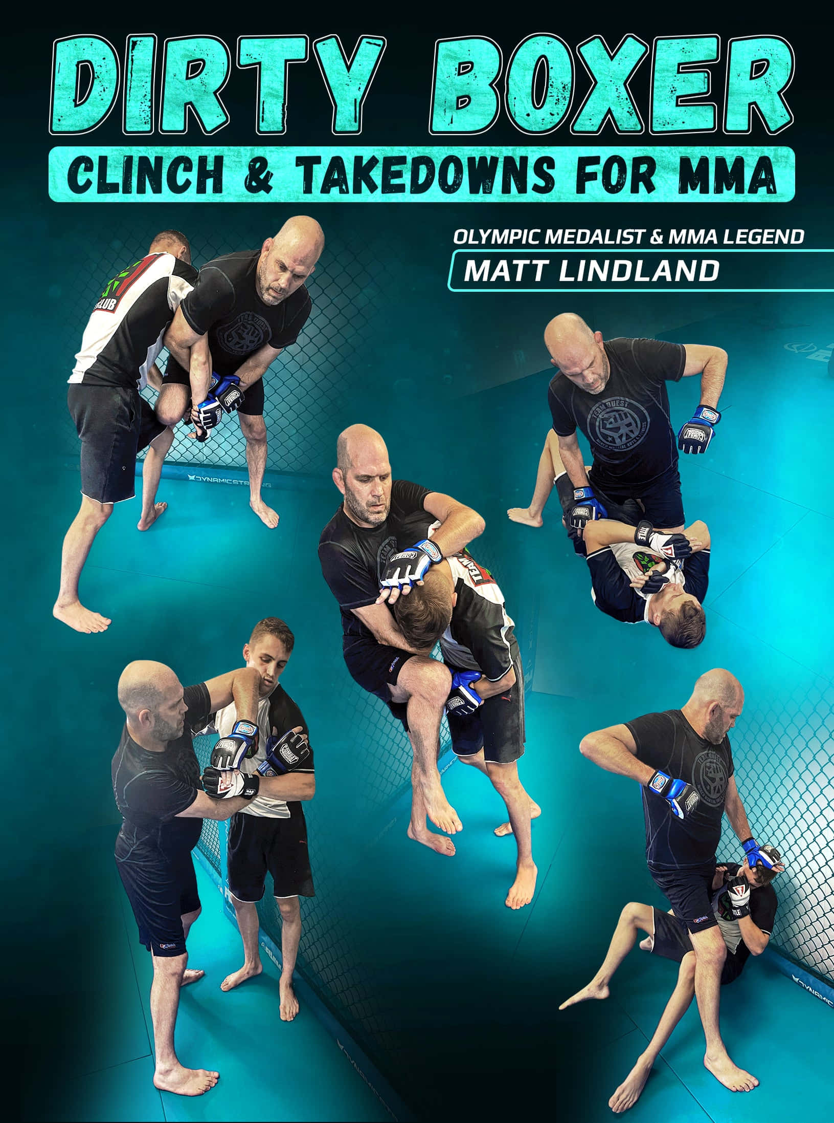 MMA 桌布 壁紙 — MMA傳奇Matt Lindland在藍色八角籠中以多個指導姿勢演示纏抱和摔倒技術。