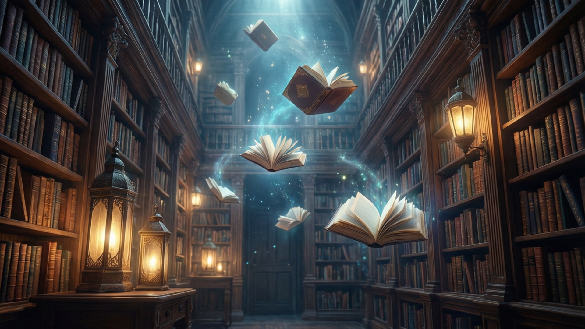 Magical Library Dream 壁紙 — 魔法般的漂浮書本在宏偉的哥德式圖書館中，沿著高聳的木製書架散發出空靈的光芒。
