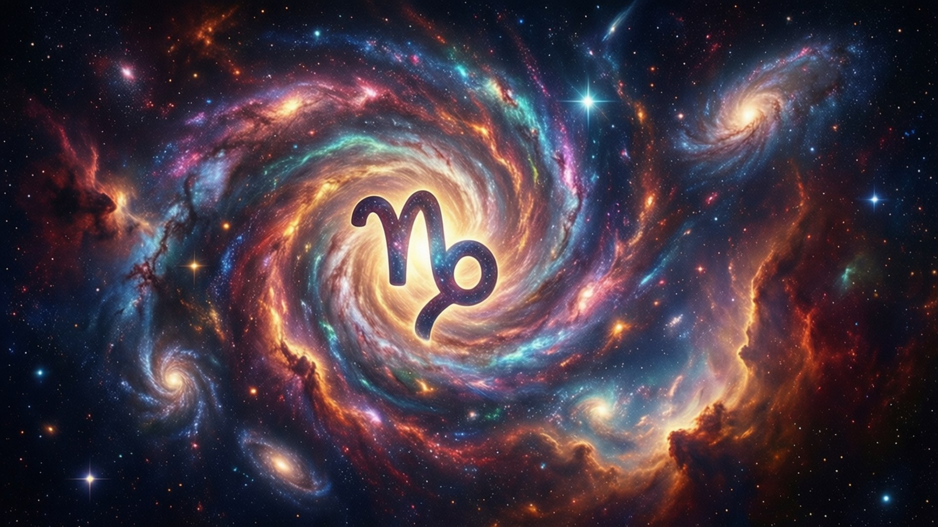 Galaxy Swirl 壁紙 — 摩羯座的星座符號在充滿恆星和鮮豔色彩的旋轉宇宙星雲中心發光。