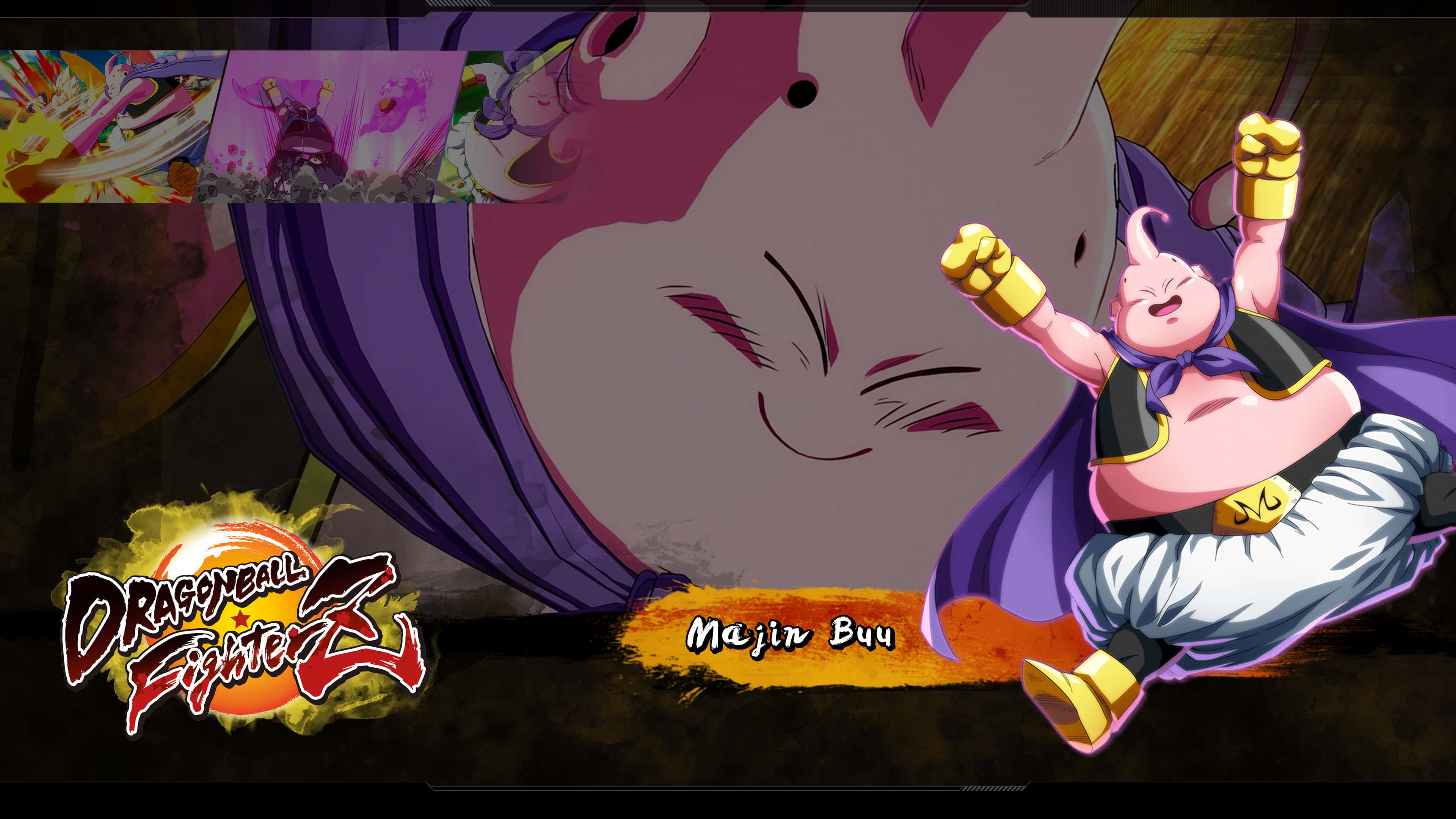 Buu 桌布 壁紙 — 魔人普烏在遊戲介面中愉快地漂浮，身後有一個巨大的笑臉。