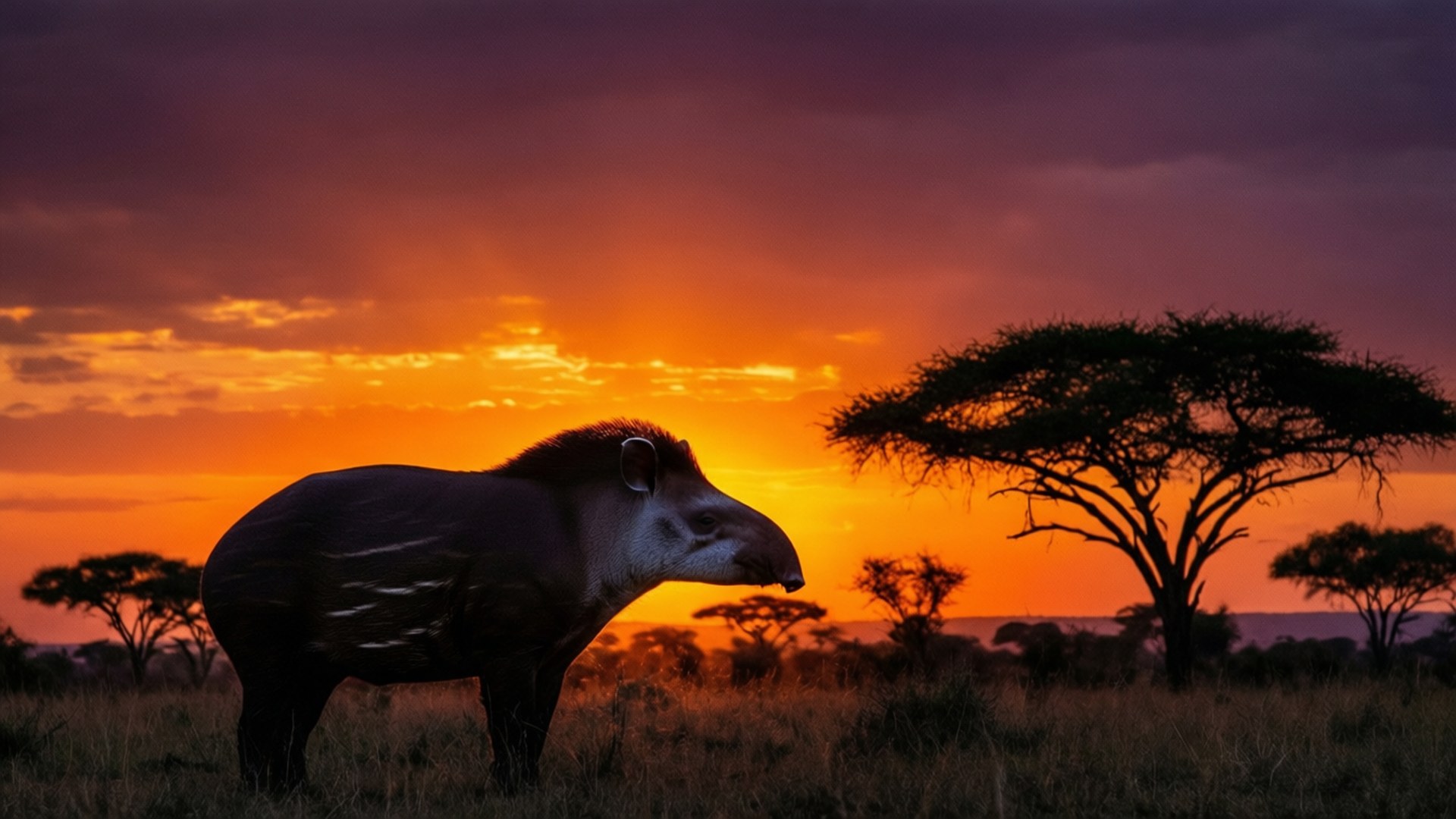 tapir 桌布 壁紙 — 一隻貘在非洲大草原上，以金黃色的日落和刺槐樹為背景，形成剪影。