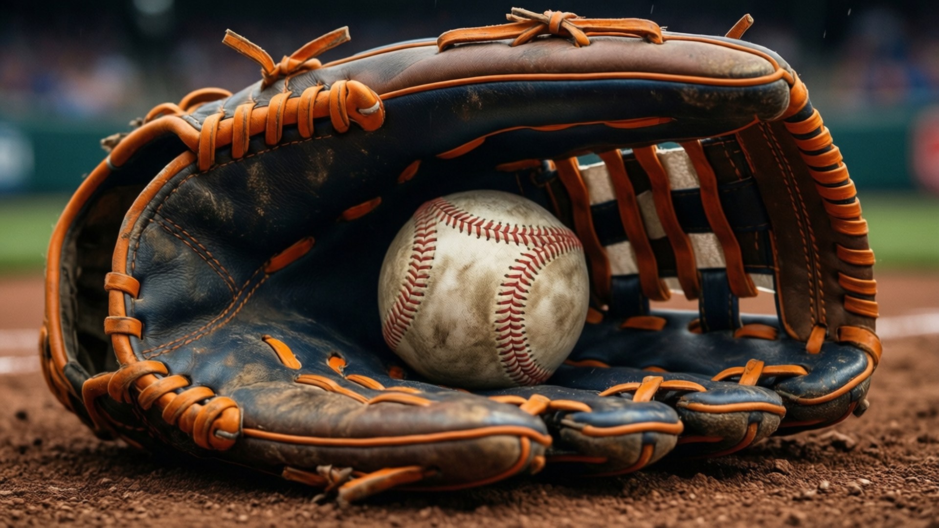 Glove and Ball 壁紙 — 一隻磨損的棒球手套在明亮的日光下，在泥地球場上托著一個骯髒的棒球。