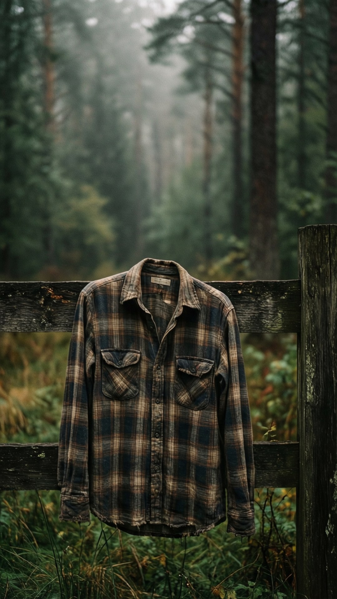 Flannel on Fence 壁紙 — 一件磨損的格紋襯衫掛在風化的木柵欄上，背景是霧氣瀰漫的松樹林，光線柔和擴散。