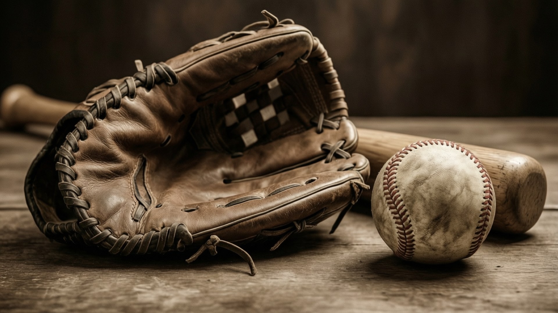 Baseball Memories 壁紙 — 一個磨損的皮革棒球手套和一個有刮痕的棒球放在一個木製球棒旁邊，在一個質樸的木質表面上。