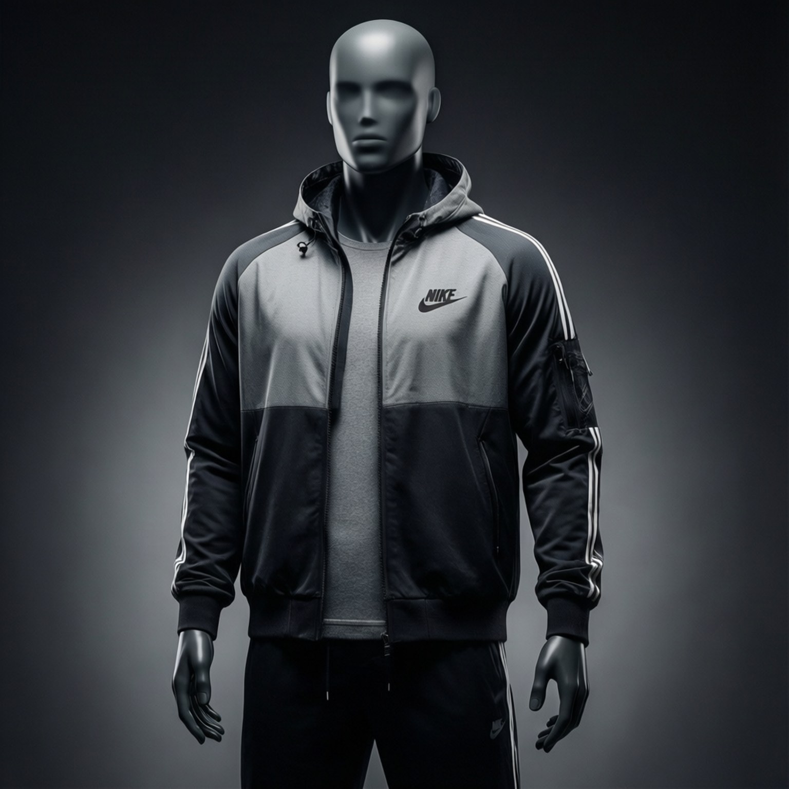 Nike Fashion Studio 壁紙 — 一個模特兒穿著灰色和黑色的Nike運動外套，帶有白色條紋，背景為深色漸變。