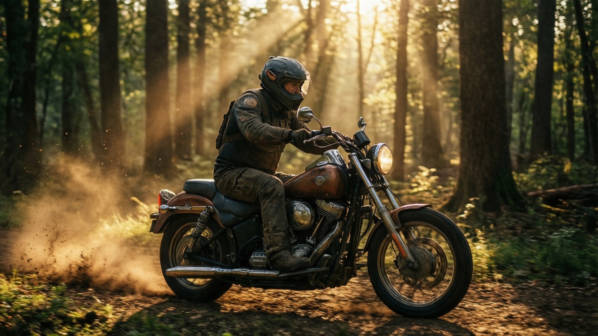 Ride Through the Golden Forest 壁紙 — 一名全副裝備的摩托車手騎著復古摩托車穿過陽光普照的森林小徑，揚起灰塵。