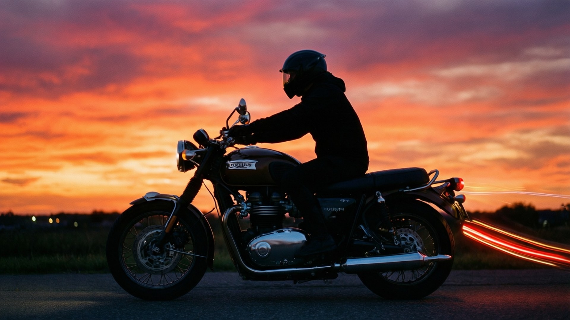 Bobber Sunset Silhouette 壁紙 — 一名摩托車手在日落時分騎著經典摩托車，身後有鮮豔的橙色和粉紅色雲彩以及紅色光軌。