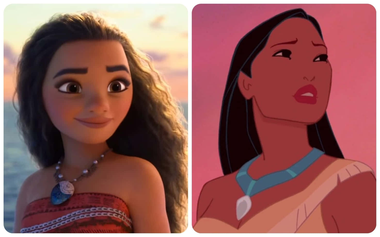 海洋奇緣 桌布 壁紙 — Moana 以2016年寫實風格和1998年經典動畫風格並排比較，背景為日落。
