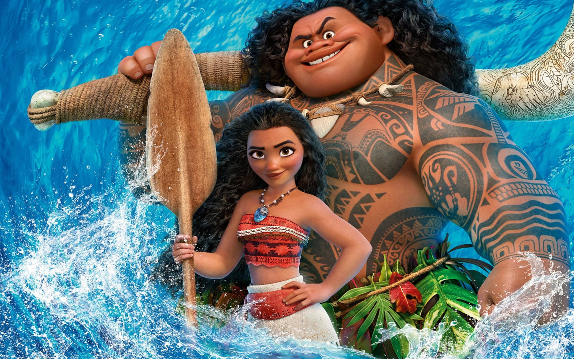 Moana 和 Maui 划過海浪，周圍有熱帶植物。 — 3D 桌面 GIF 壁紙