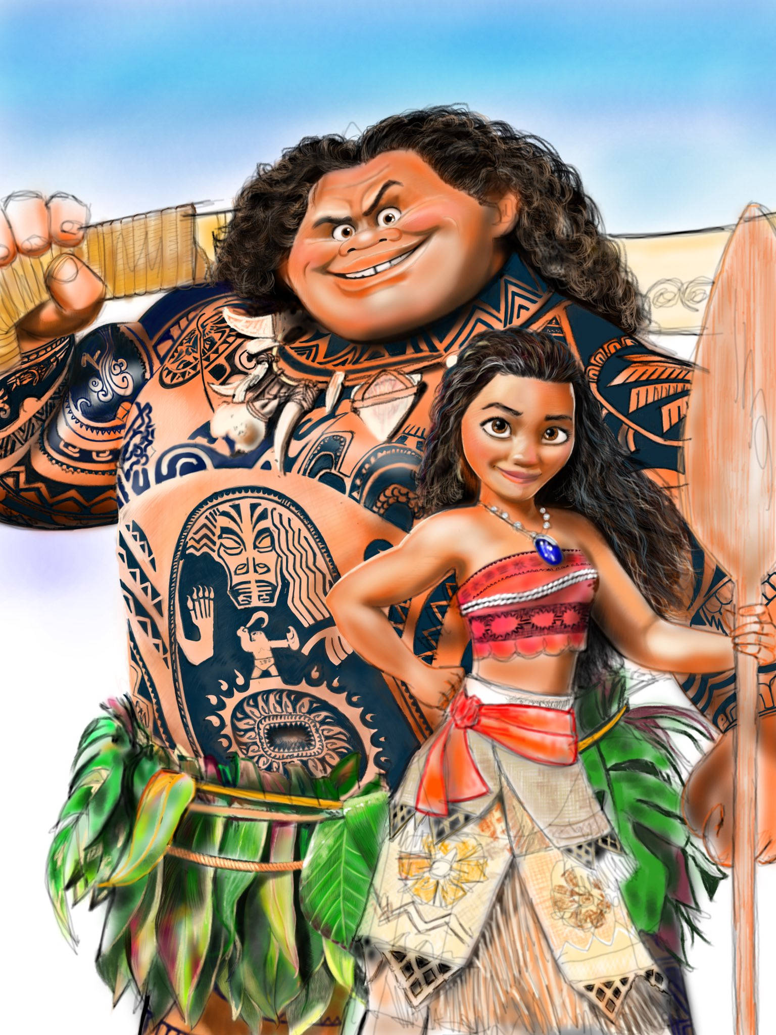 Maui 桌布 壁紙 — Moana 和 Maui 穿著鮮豔的玻里尼西亞服裝，自信地站在明亮的藍天下，準備好冒險。