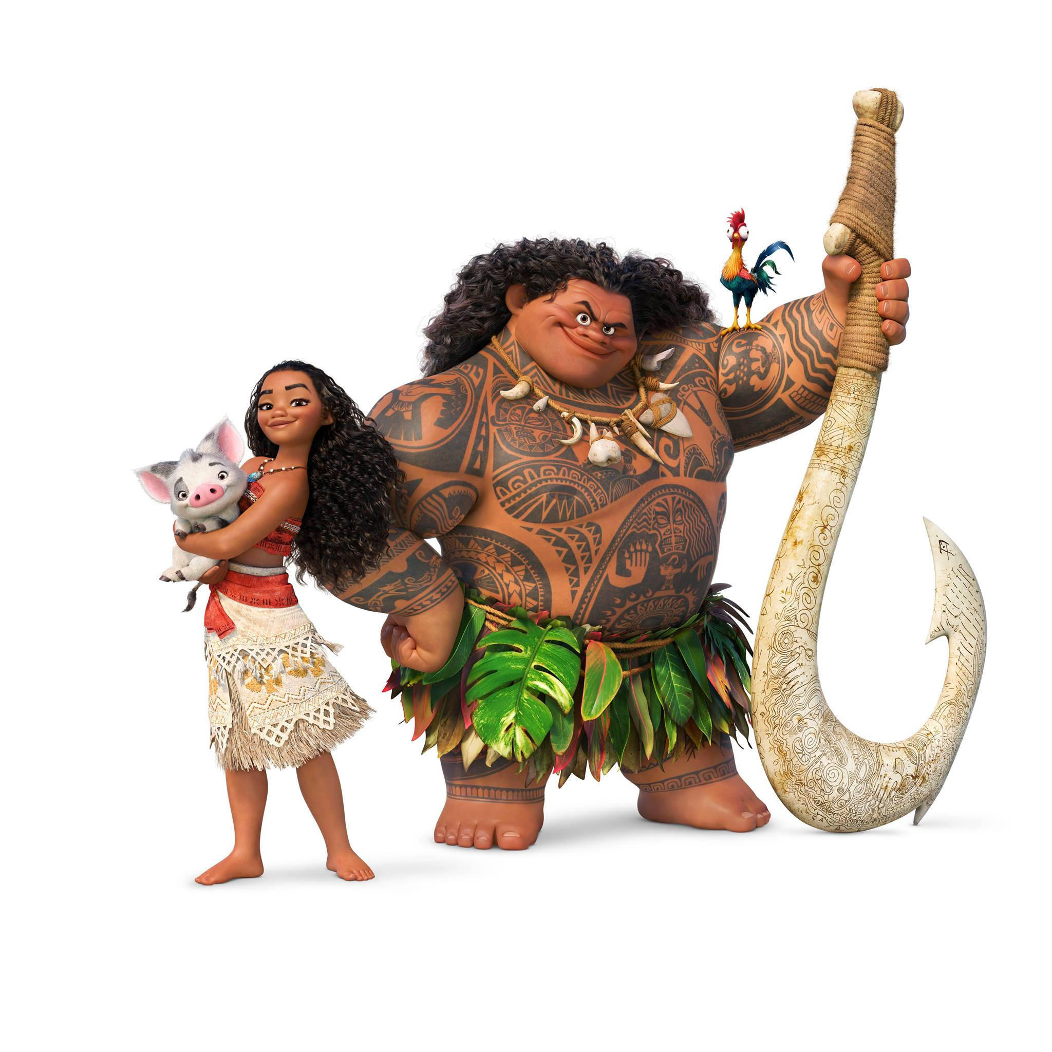 Maui 桌布 壁紙 — Moana 和 Maui 站在一起，Moana 抱著 Pua，Maui 拿著他的大魚鉤，Hei Hei 停在他的肩膀上。