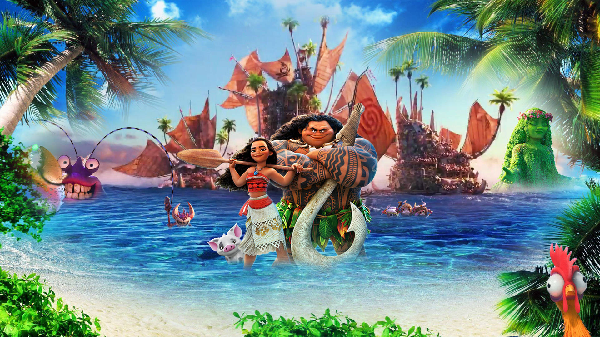 Maui 桌布 壁紙 — Moana 和 Maui 站在一個熱帶海灘上，有棕櫚樹和一支在充滿活力的藍色海洋中的舷外支架獨木舟船隊。