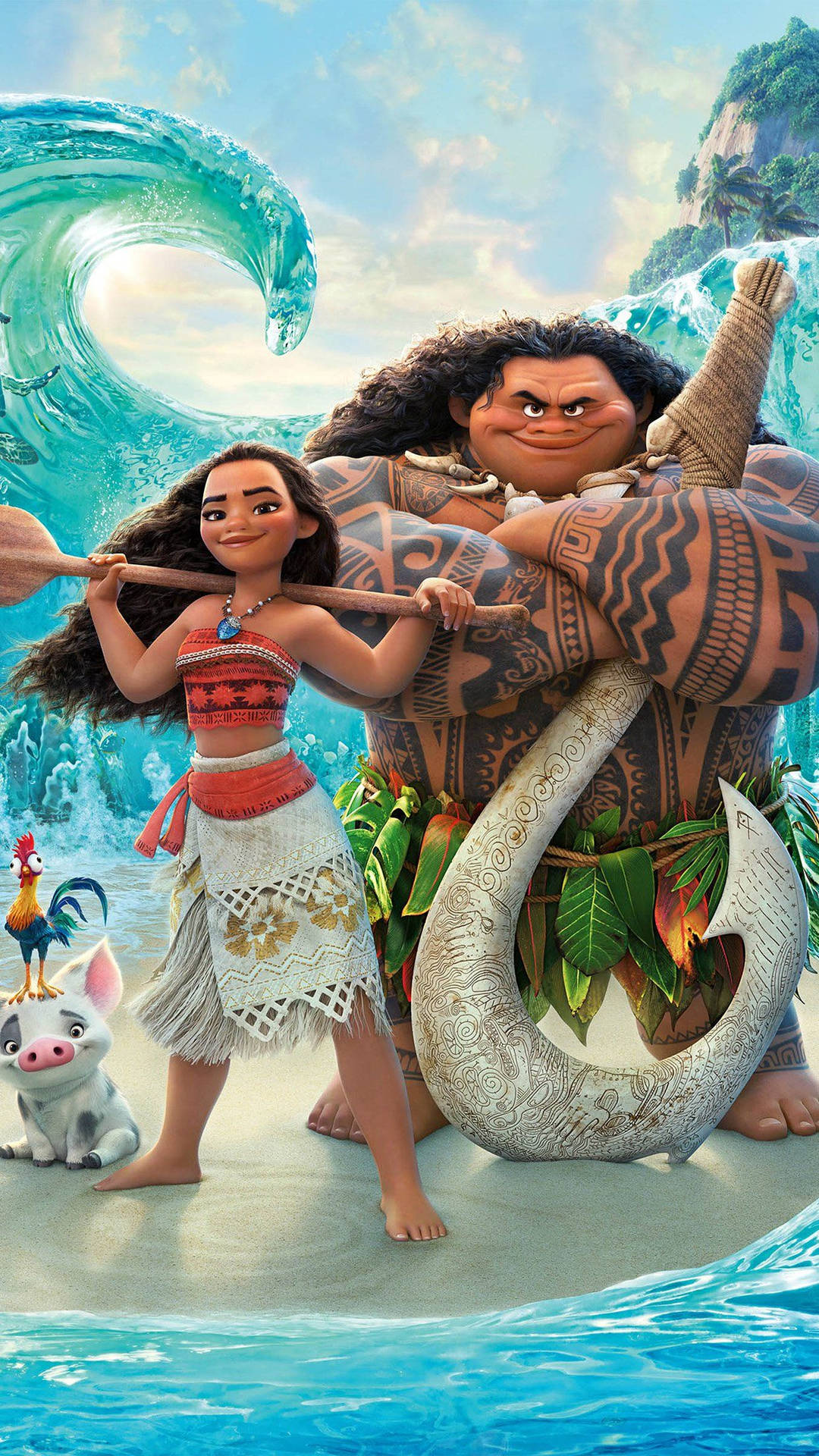 Moana 和 Maui 在海灘上，有巨大的海浪和一隻公雞小豬。 — 4d 壁紙