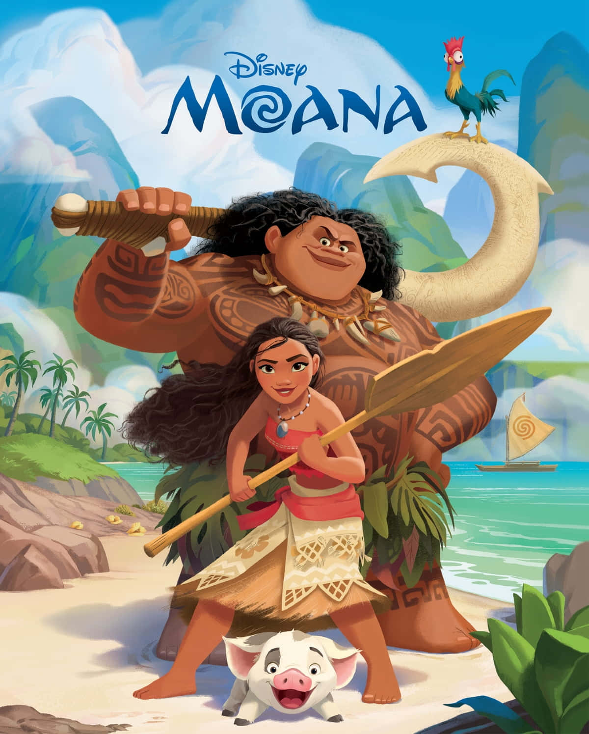 Moana 桌布 壁紙 — Moana 和 Maui 站在熱帶海灘上，旁邊有一隻豬和一隻公雞，天空晴朗。