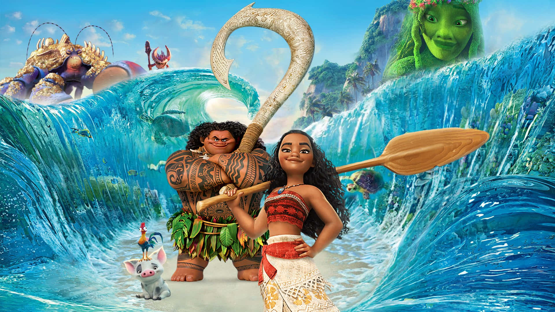 海洋奇緣 桌布 壁紙 — Moana 和 Maui 自信地站在浪尖上，Maui 拿著巨大的魚鉤，Moana 拿著槳，海洋精靈和一隻公雞在後面觀看。