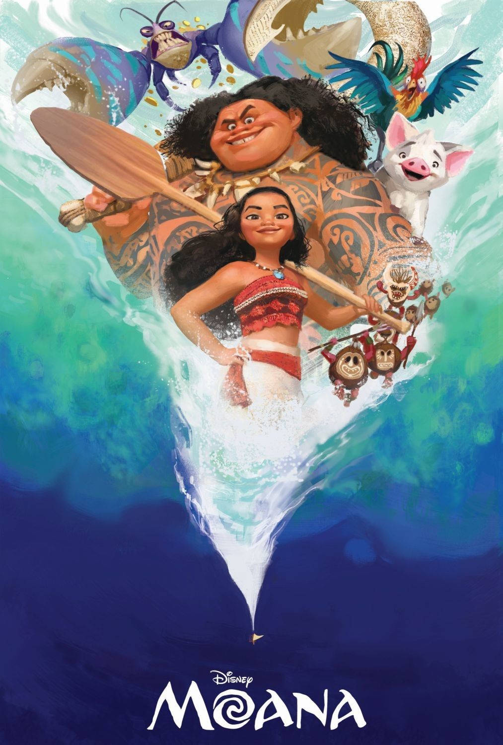 Maui 桌布 壁紙 — Moana 和 Maui 與他們的島嶼朋友一起乘著海洋波浪的漩渦，展開一場充滿活力的動畫冒險。